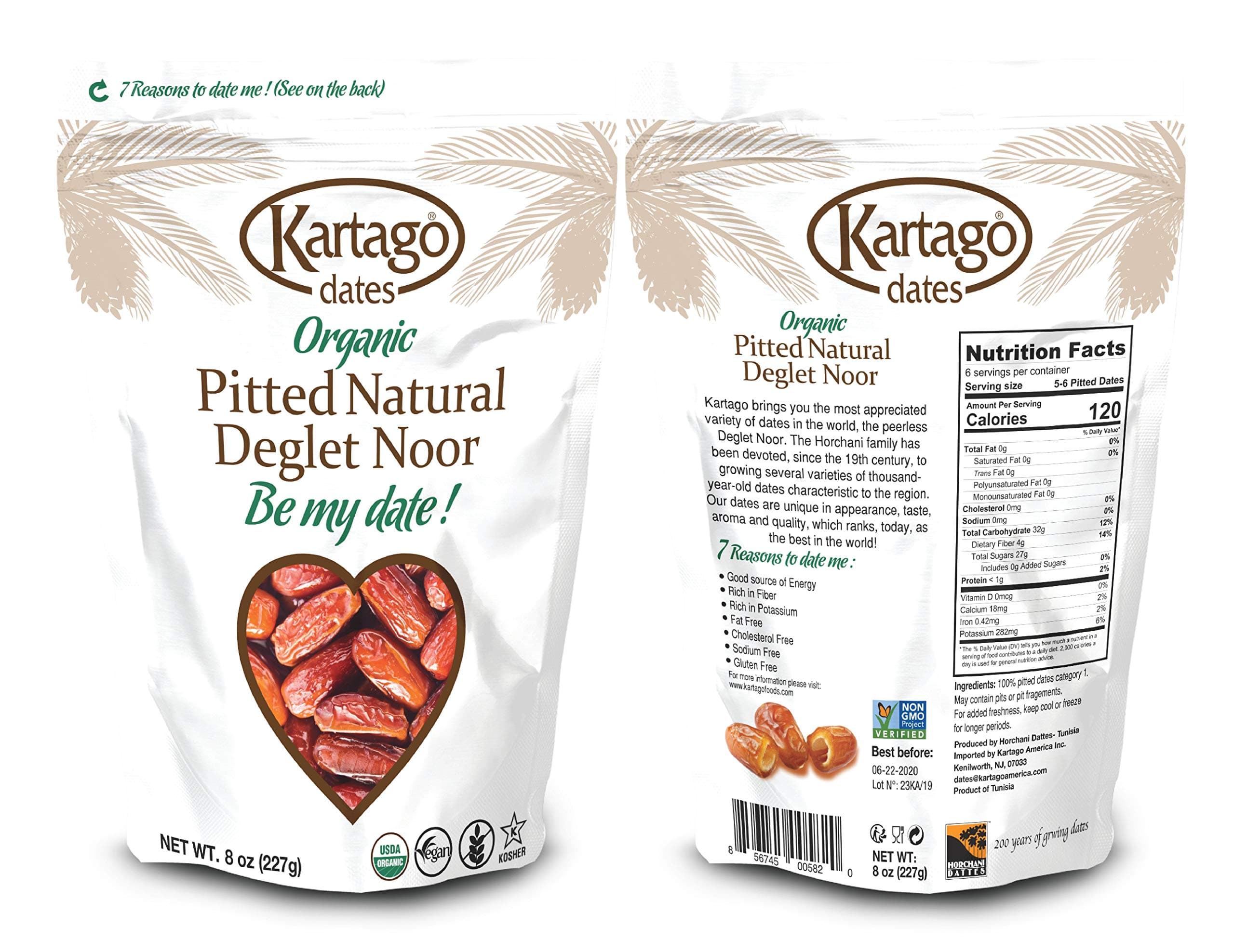 Organic Pitted Dates 8 Oz - All Natural, Fat Free Deglet Noor Pitted Tunisian Dates, from Kartago, Lunch Box + Snack Size (8 oz, Pack of 1)
