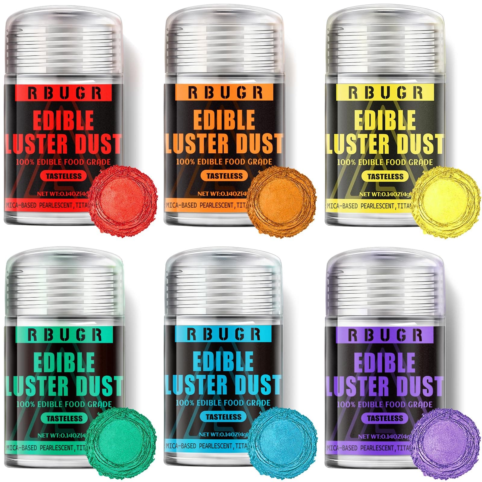 RBUGR Edible Glitter Set, 6 Colors Edible Luster Dust, Food Grade Drink Glitter Edible Dust, Sprinkles Cocktail Glitter, Shimmering Powder Glitter for Fondant, Candy, Vegan Cake Decorating(4g/0.14oz)