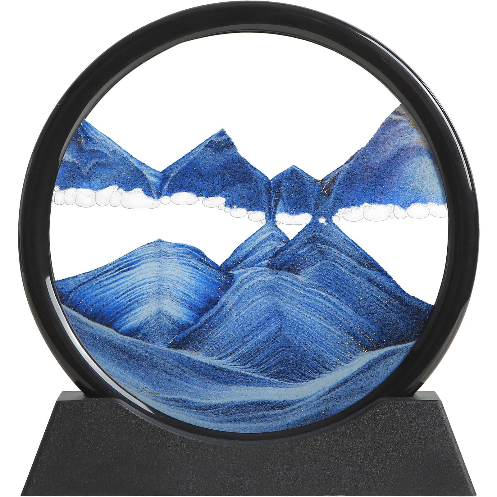 Moving Sand Art Liquid Motion, 3D Deep Sea Sandscape Color Quicksand Decor, Round Glass Moving Sand Art Picture Relaxing Desktop Home Office Work Decor (Blue, 7 inch)