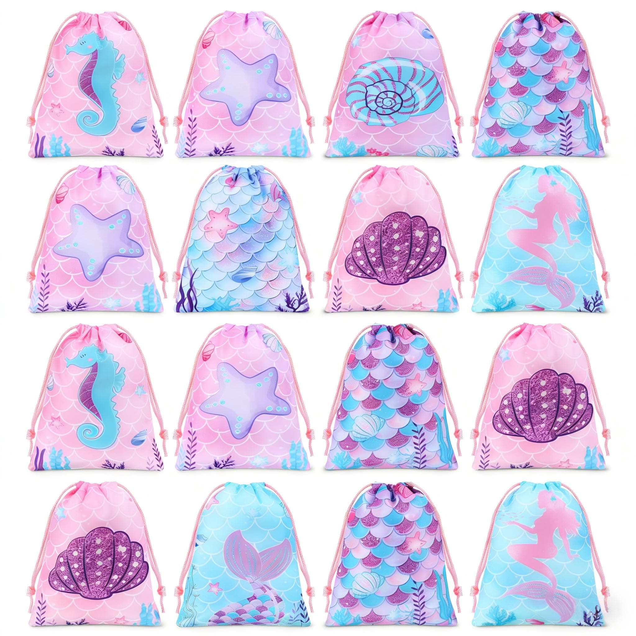 Clabby 16 Pcs Mermaid Party Favor Bags Drawstring Bag Candy Gifts Sacks Backpack Bulk Birthday Fish Goodie Under The Sea Ocean Theme Treat For School Travel Outdoor 10 X 12 Inch