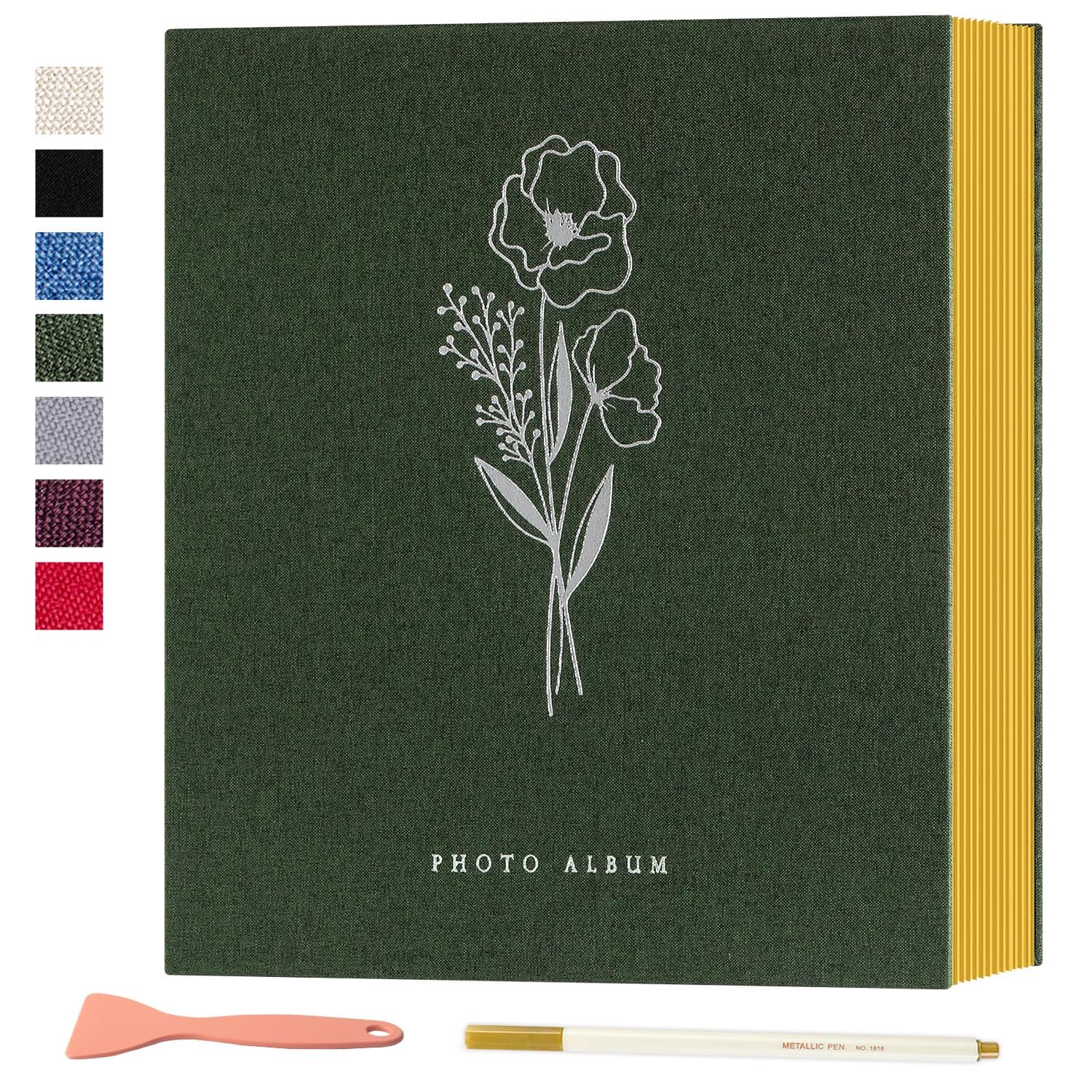 Lanpn Self Adhesive Photo Album Scrapbook 80 Pages, Linen Photos Albums DIY Sticky Magnetic Pages holds 6x4 7x5 A4 A5 Picture for Family Wedding Birthday (Large-40 Sheets/80 Pages, Green)