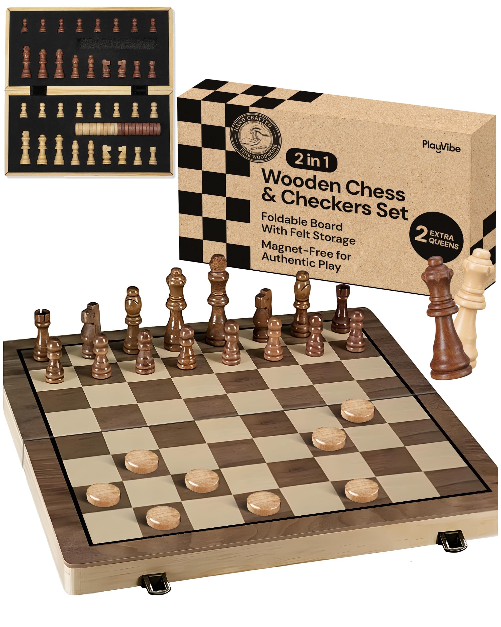 PlayVibe Wooden Chess Set 15'' & Checkers Board Games for All Players with 2 Extra Queens - Handmade Classic Wooden Chess Board, Portable & Folding Playtime Boards, Beginner & Professional Use
