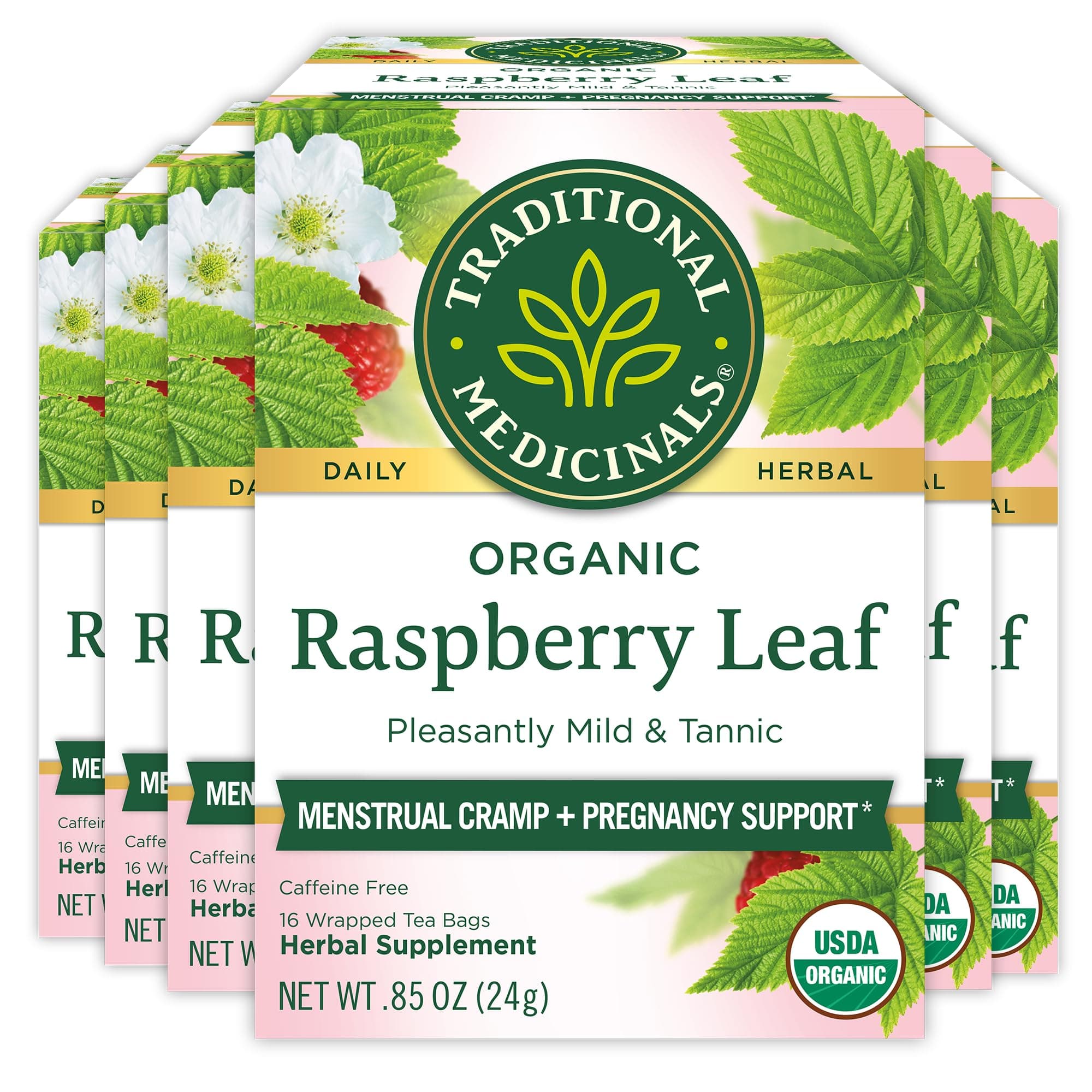 Value Set of 6 Boxes, Traditional Medical, Organic Raspberry Leaf Tea Bags, 16 Bags x 6 Boxes