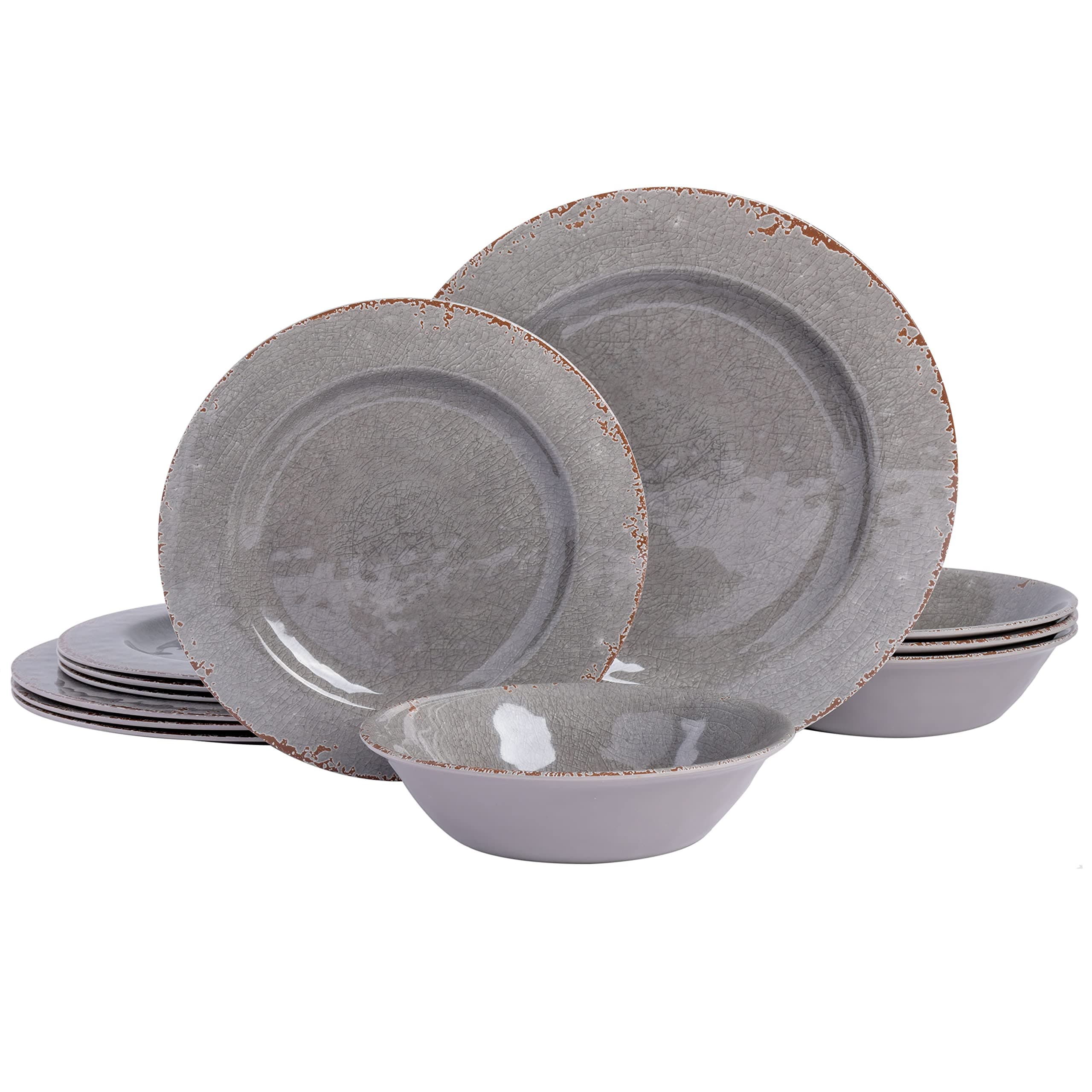 Gibson Home Mauna Melamine Plastic Dinnerware Set, Service for 4 (12pcs), Grey Rustic