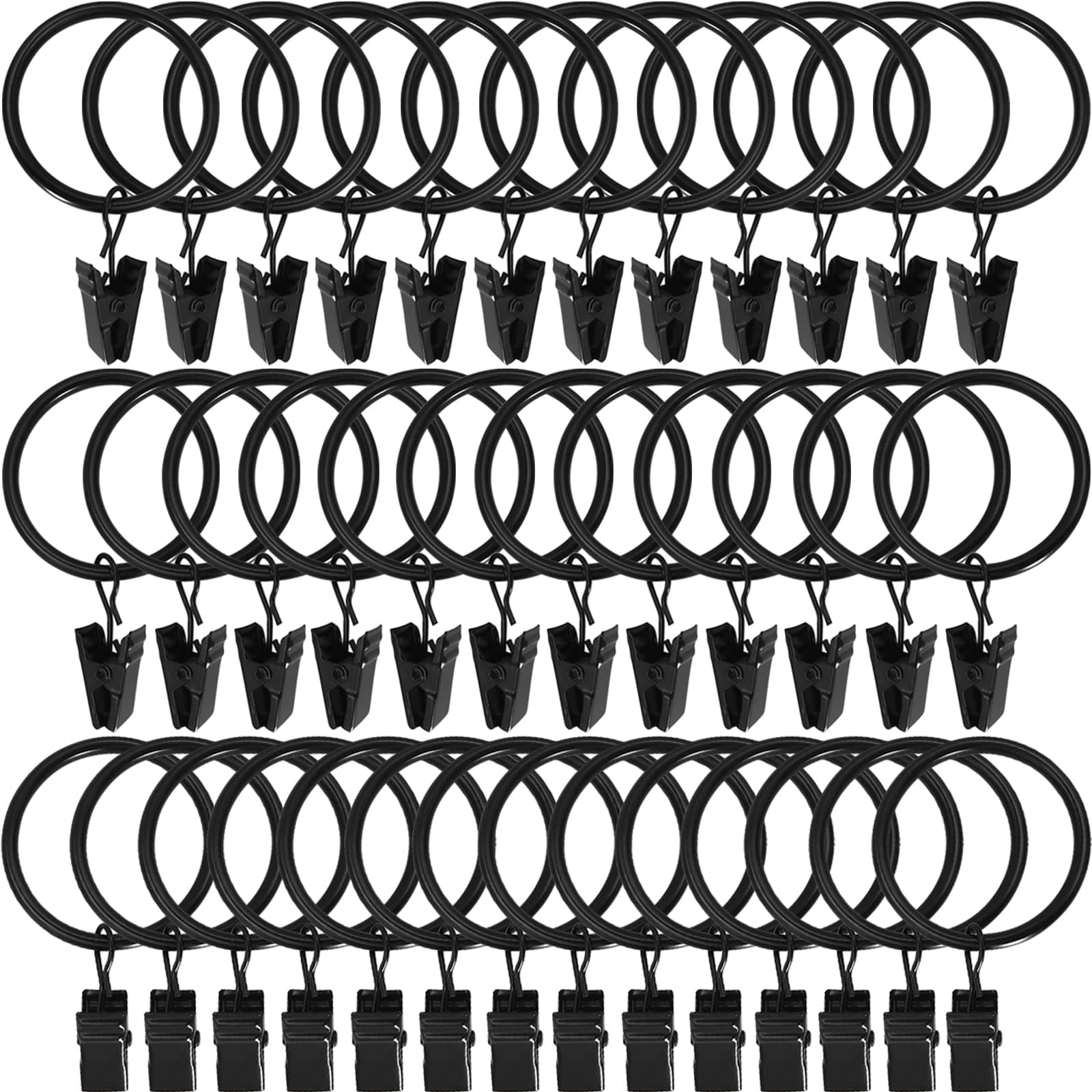 44 Pack Black Curtain Rings with Clips, Curtain Hooks Hangers Clip Rings for Hanging Drapes Bows Hat, Drapery Rings 1 in I D, Fits up to 5/8 in Diameter Curtain Rod.