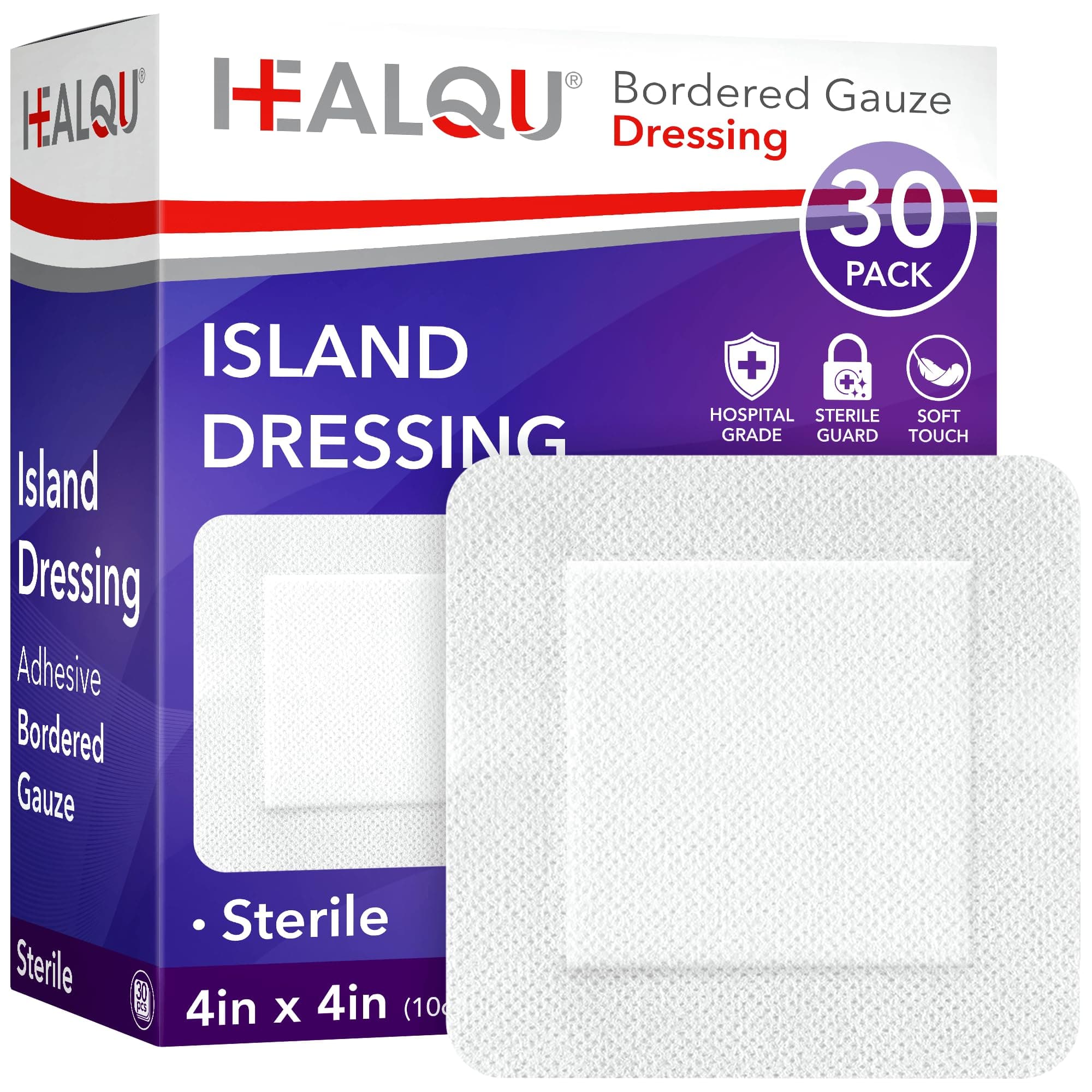 Healqu Gas Island Bandage with Flap – Pack of 30, 10 x 10 cm, Sterile, Individually Wrapped Caries Layers, Waterproof, Non-Woven Backing, Soft and Breathable Wound Bandage