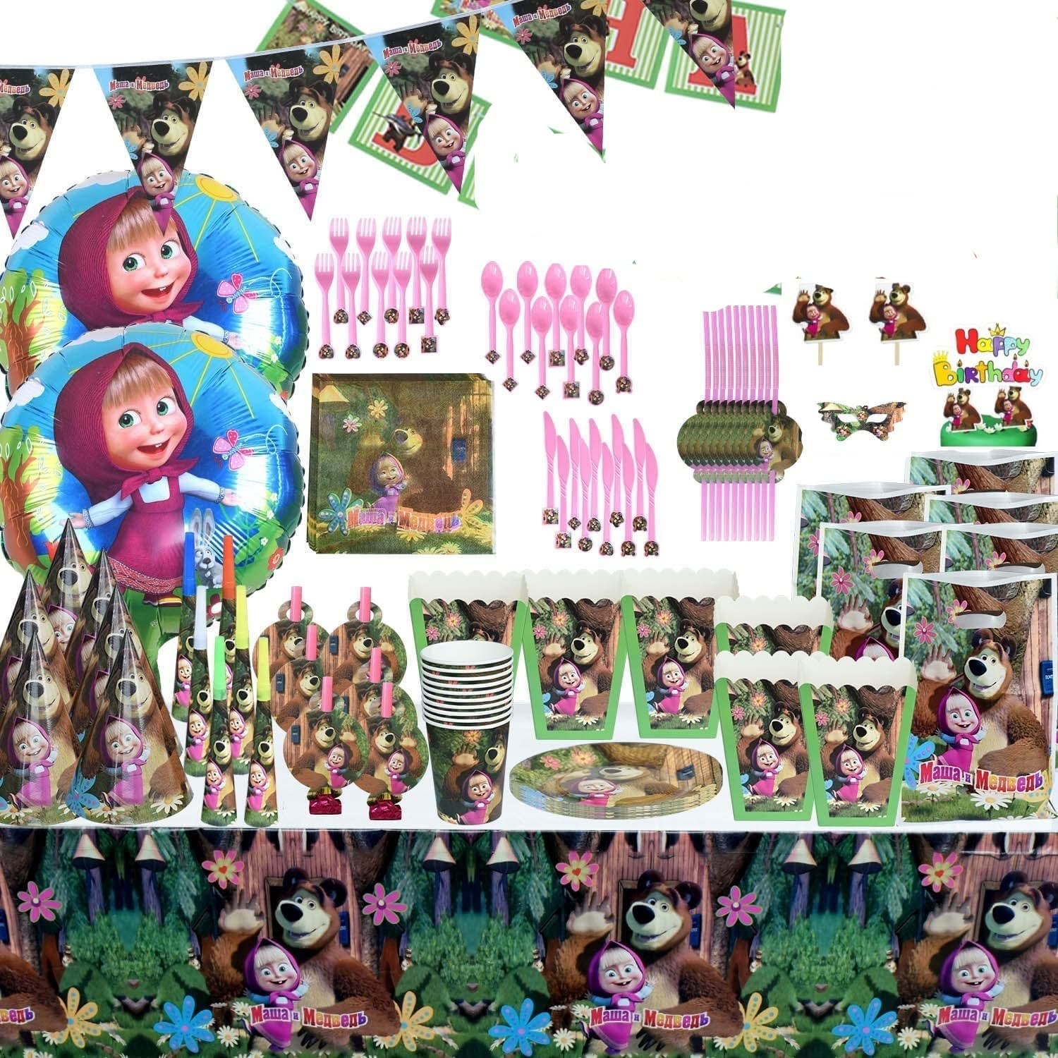 Eleena 140 PCS masha & bear birthday Party Supplies masha & bear Decoration Theme Party Plate Napkin Hat Straw balloons masha & bear Party Supplies masha & bear Disposable Tableware