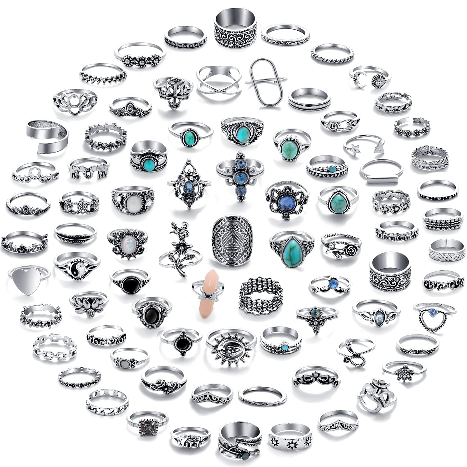 82 Pcs Vintage Silver Knuckle Rings Set for Women, Bohemian Stackable Joint Finger Rings, Retro Stone Crystal Stacking Midi Rings Pack