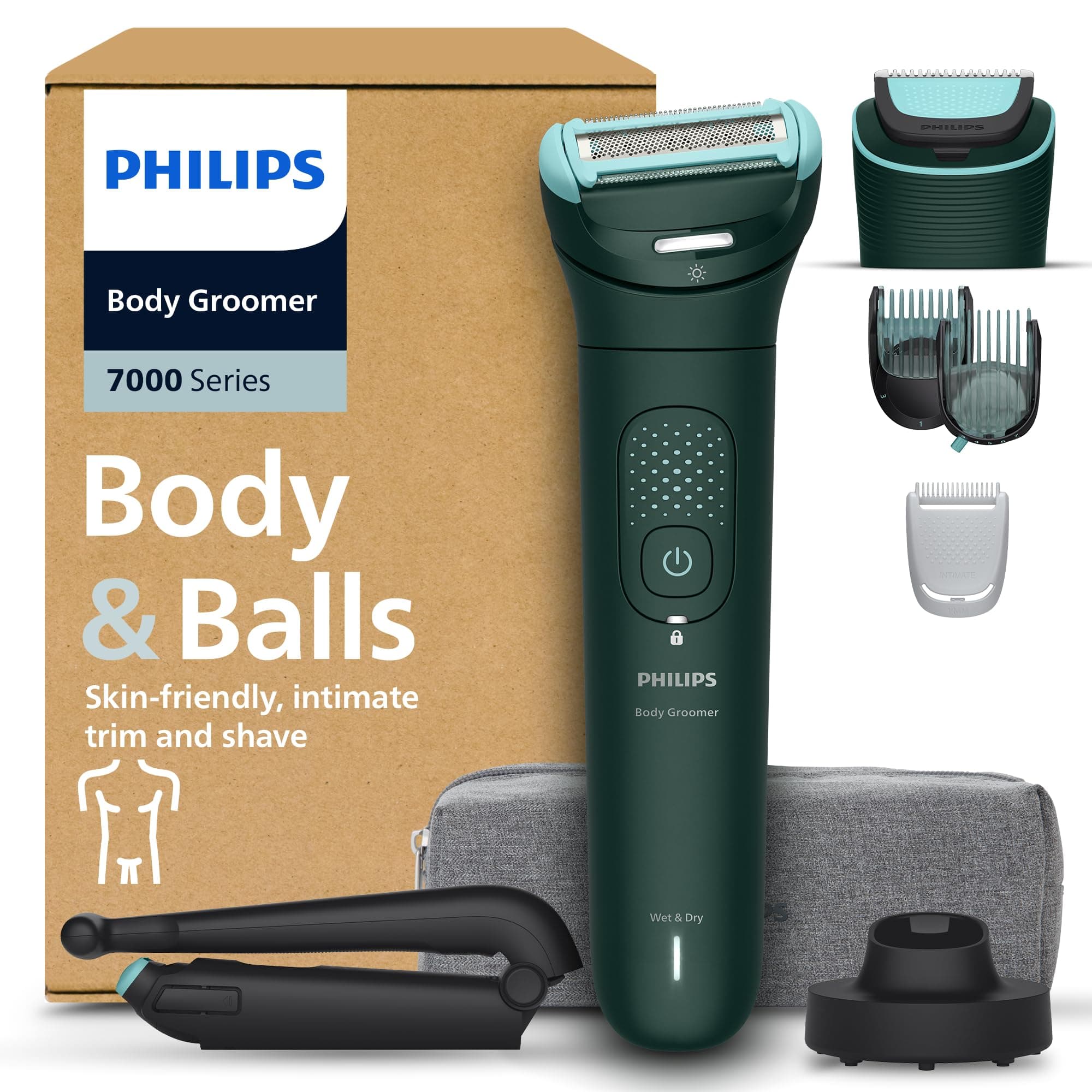 Philips Body Groomer 7000 Series - Trimmer for Men with 2D Flexing Head, Triple Protect Shave System, Interchangeable Heads, Intimate Trim & Shave, 100% Showerproof, 120 min. runtime, Model BG7485/30