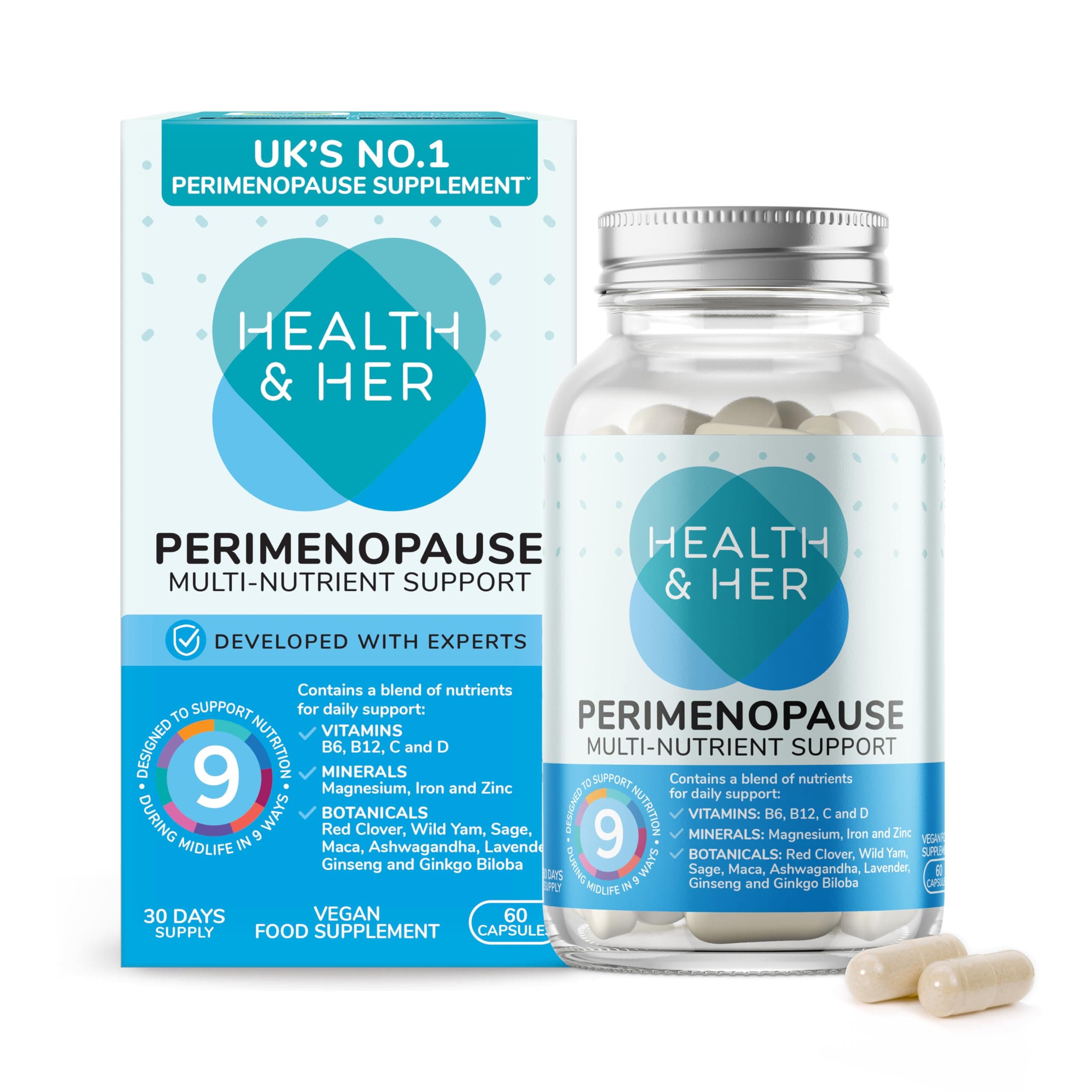 Health & Her Perimenopause Supplement, 9-in-1 Daily Multivitamin for Women with Red Clover & Ashwagandha, Vegan & Gluten Free, 30-Day Supply, 60 Capsules