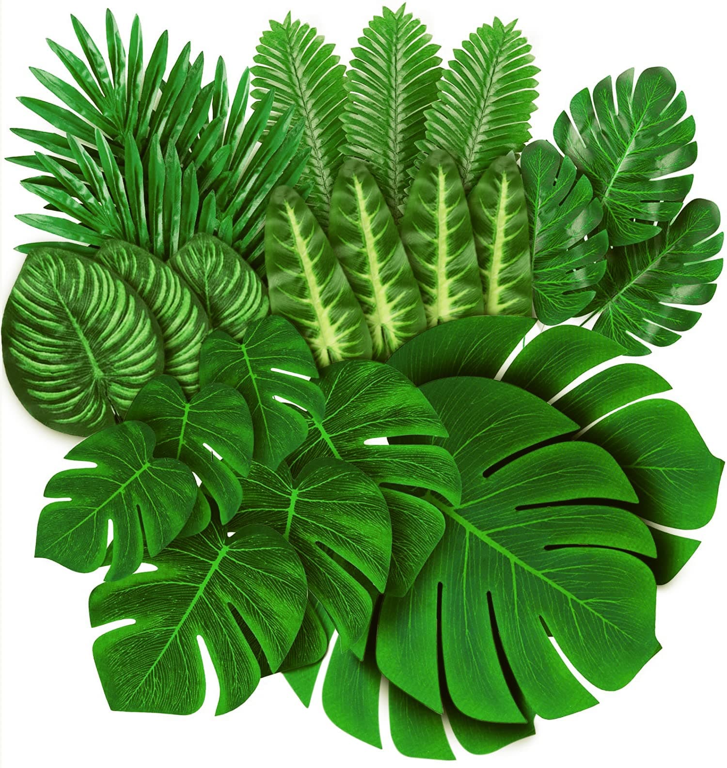 – 78 pieces of 8 kinds of fake leaves, tropical palm leaves, monstera leaves, artificial leaves for safari parks, Hawaiian dinosaurs, banquet table decoration, wedding and birthday themed parties