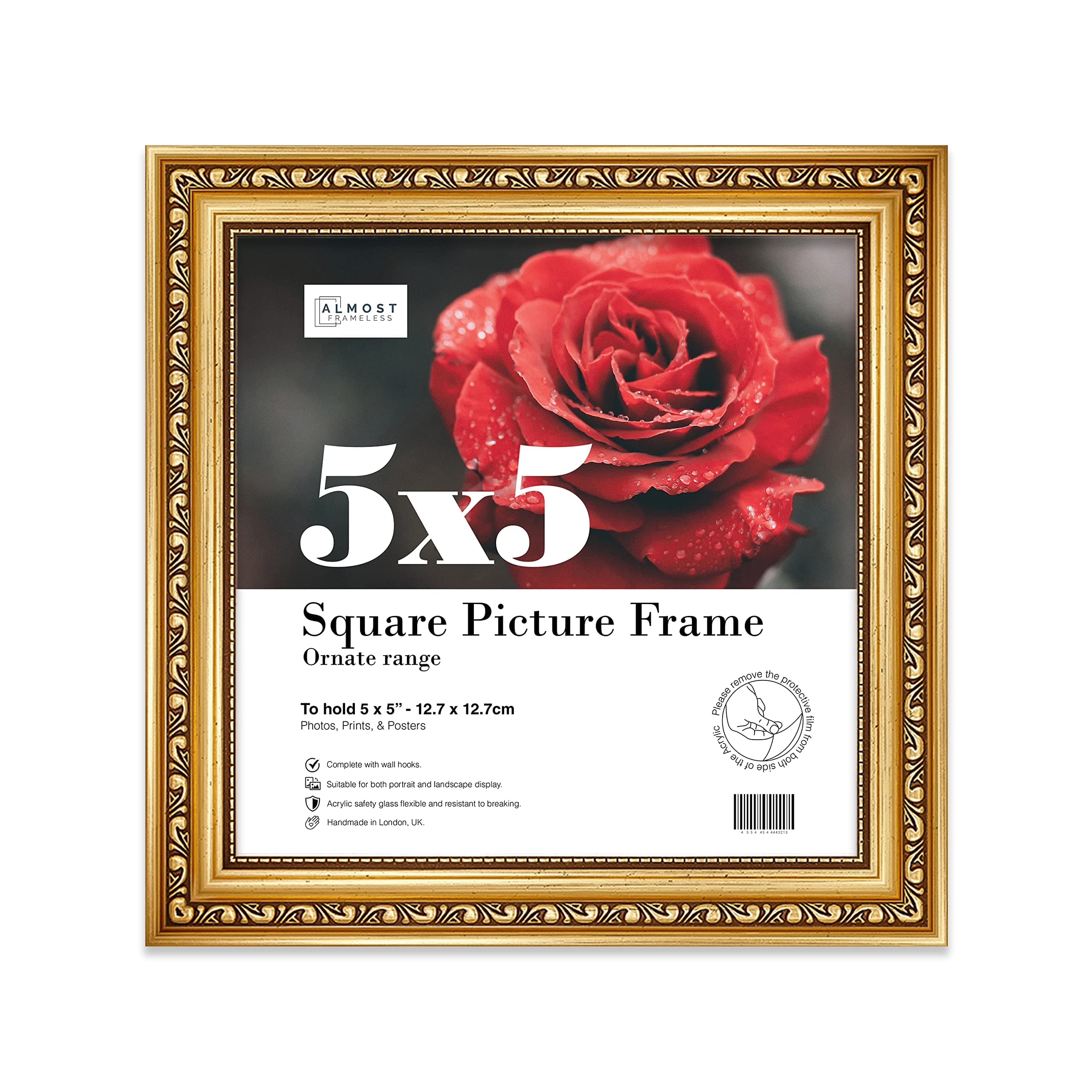 5x5 Gold Ornate Picture Frame 5"x5" (12.7x12.7cm) Poster, Photo, Artwork, or Print. Elegant Style Portrait and Landscape Display with Wall Hooks