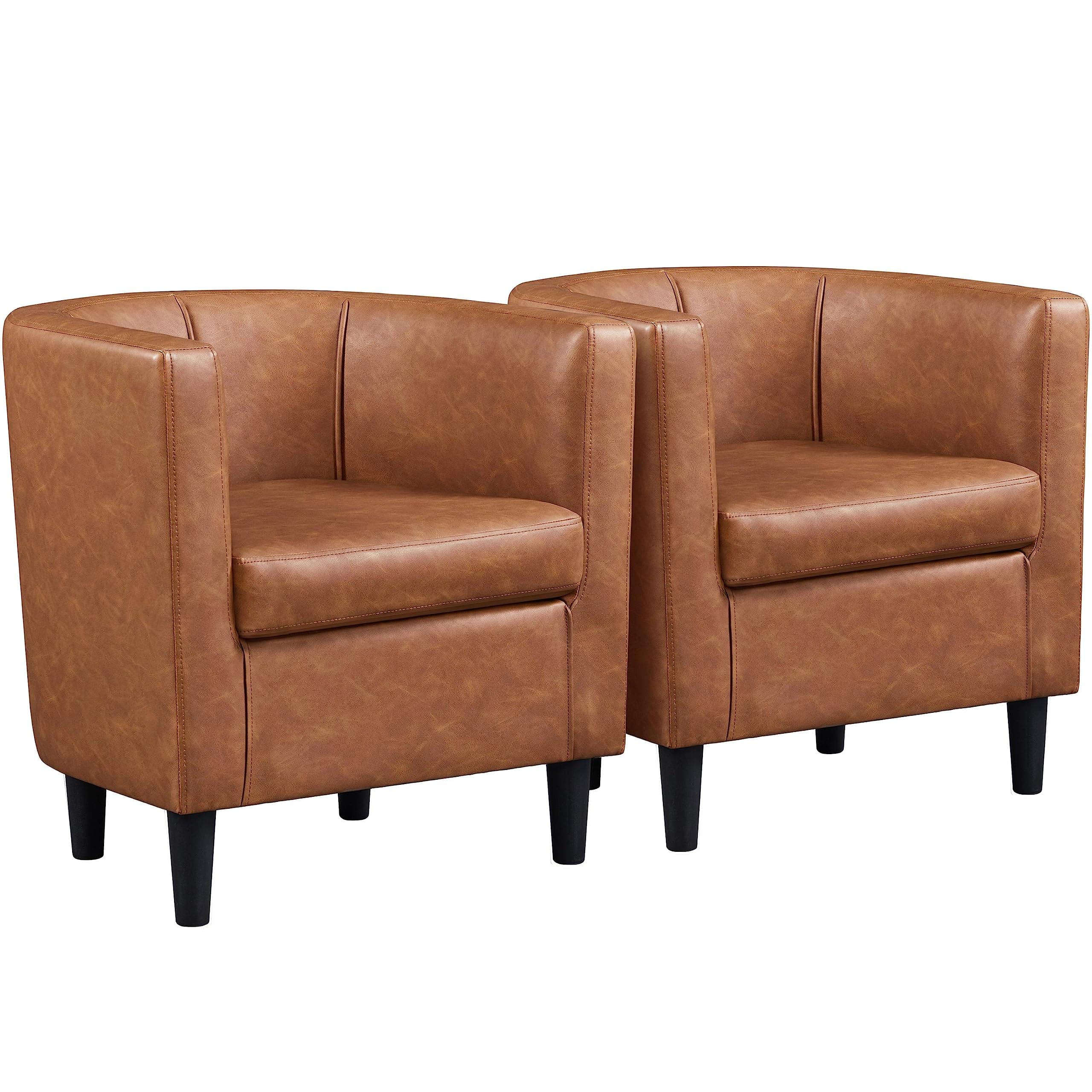 Accent Chair, PU Leather, Modern and Comfortable Armchairs, Upholstered Barrel Sofa Chair for Living Room Bedroom Waiting Room, 2PCS, Brown