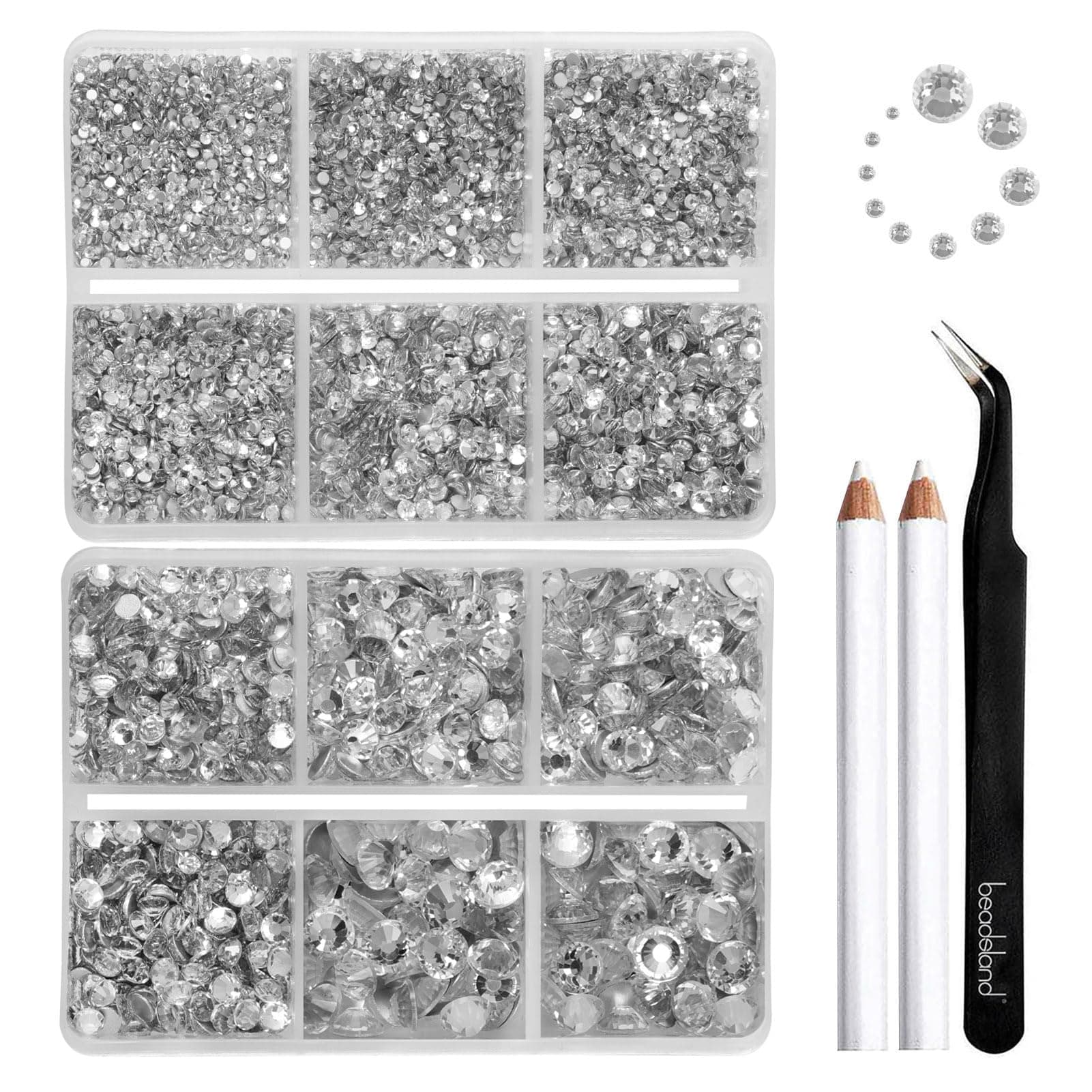 8300PCS Flatback Rhinestones, Clear Rhinestone Nail Gems Round Crystal Rhinestones for Crafts, Mixed 10 Sizes with Wax Pencil and Tweezer Kit, SS3-SS30, Crystal