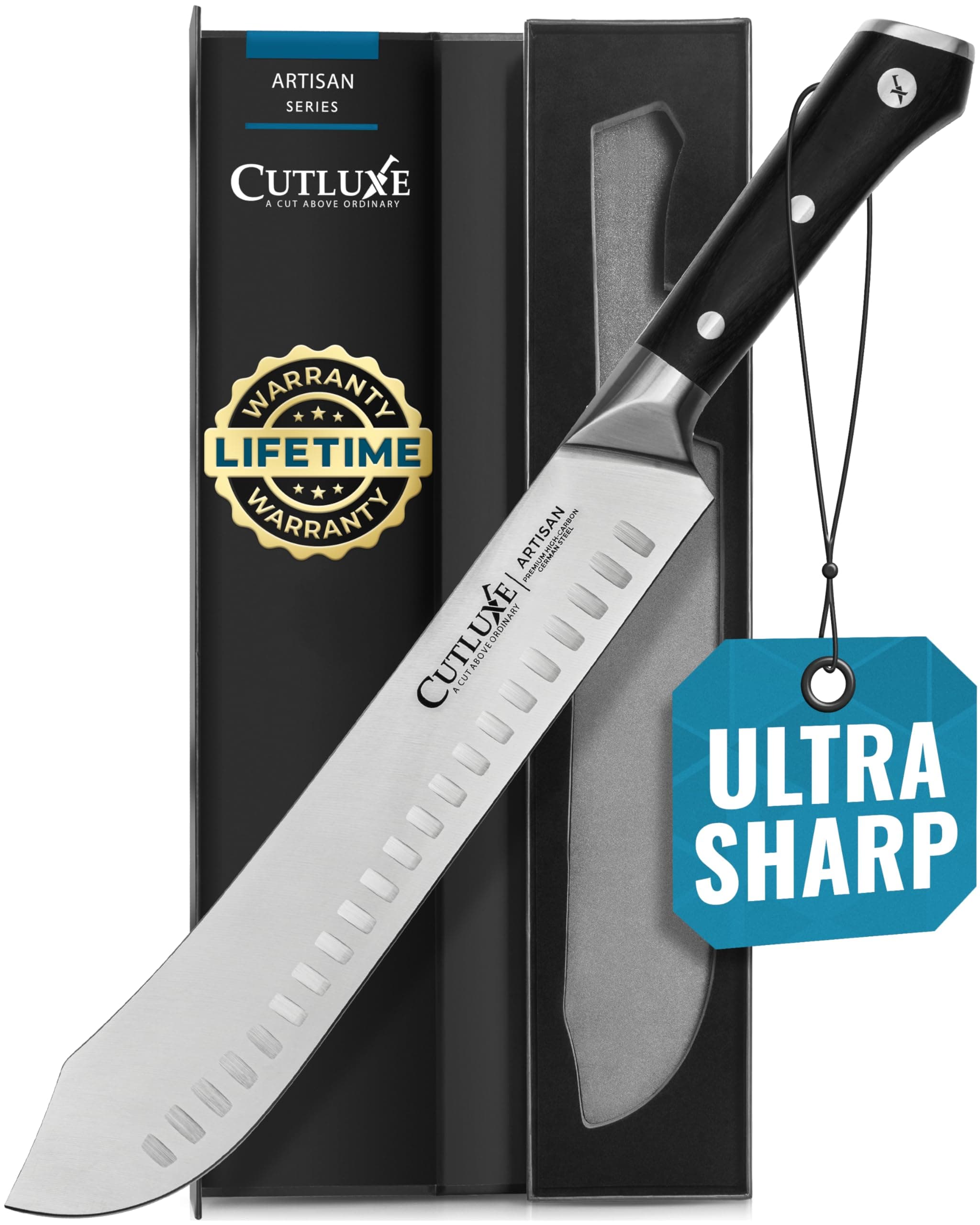 Cutluxe Butcher Knife – 10″ Bullnose Carving Knife, Forged High Carbon German Steel – Full Tang & Razor Sharp – Ergonomic Handle Design, Grilling Gifts for Men – Artisan Series