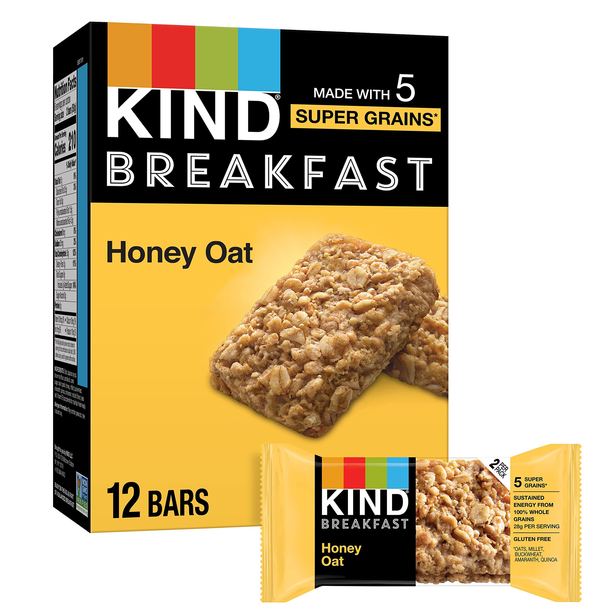 Breakfast, Healthy Snack Bar, Honey Oat, Gluten Free Breakfast Bars, 100% Whole Grains, 1.76 OZ Packs (6 Count)