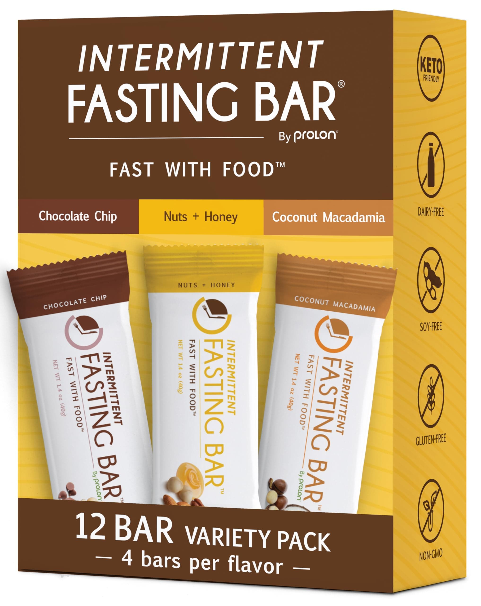 Prolon Fasting Bars | 5g Protein, 7g Fiber | Keto-Friendly, Gluten-Free, Dairy-Free, Plant-Based | Nutrition for Intermittent Fasting | Variety Pack | Nuts & Honey, Chocolate Chip, Coconut Macadamia