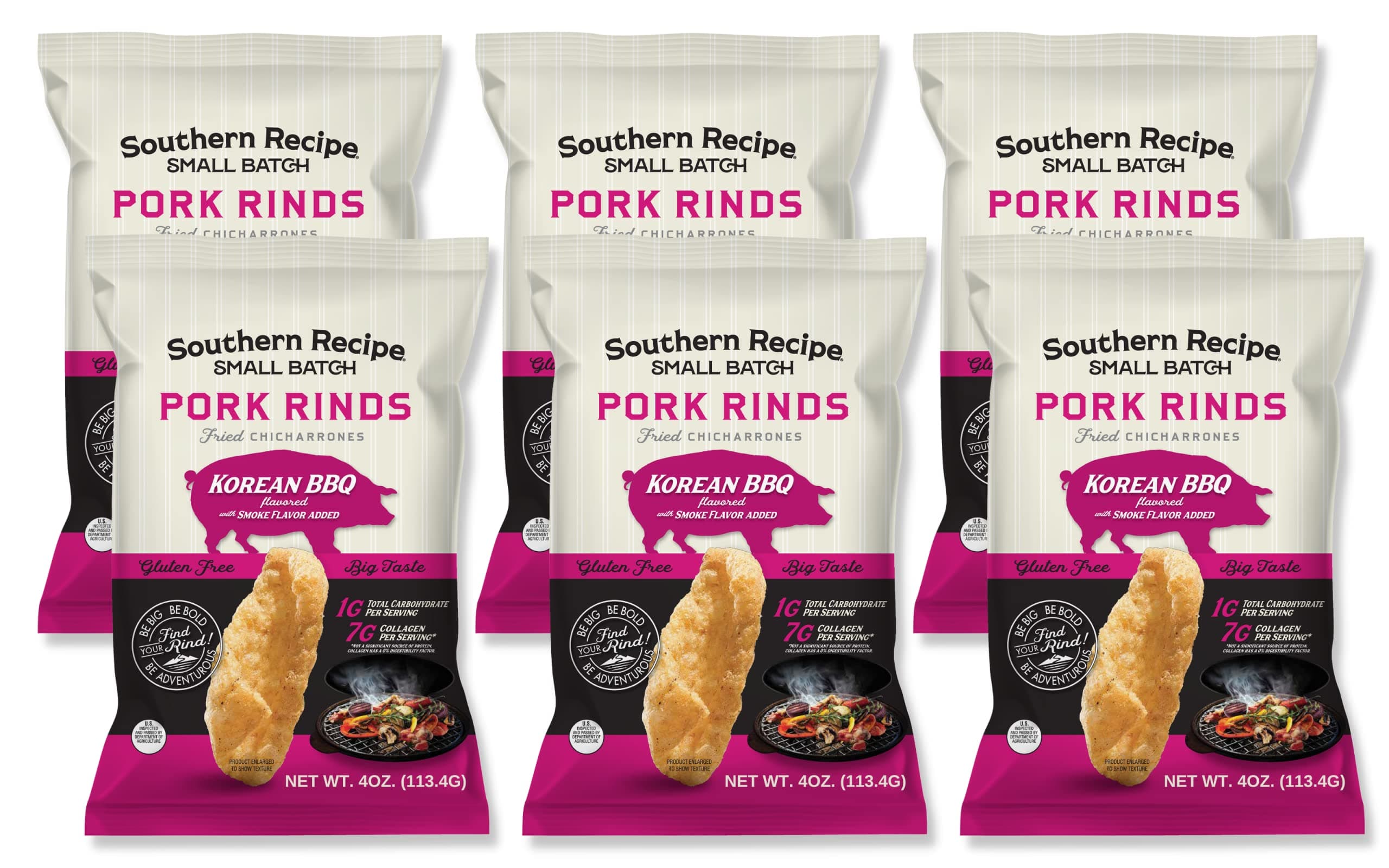 Southern Recipe Small Batch Pork Rinds | Korean Kimchi BBQ Chicharrones | Keto Friendly, Gluten Free, Low Carb Food | 7g of Collagen Per Serving | High Protein | 4 Oz Bag (Pack of 6)