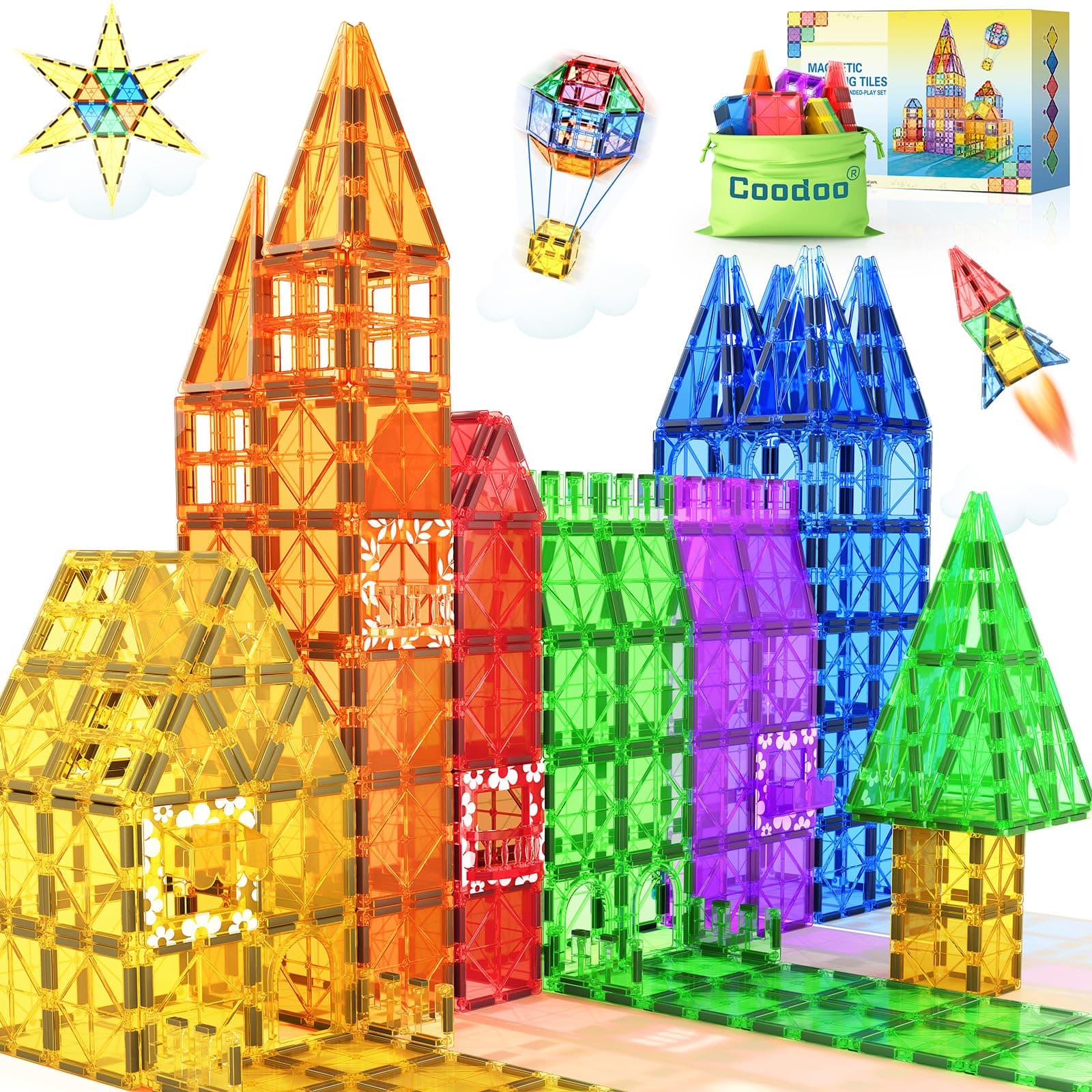 Coodoo 60 PCS Magnetic Building Tiles STEM Magnetic Blocks Sensory Toys Kids Games Magnet Building Toys for Boys and Girls Aged 3+, Kids Brain Development Preschool Kindergarten Toddler Toys