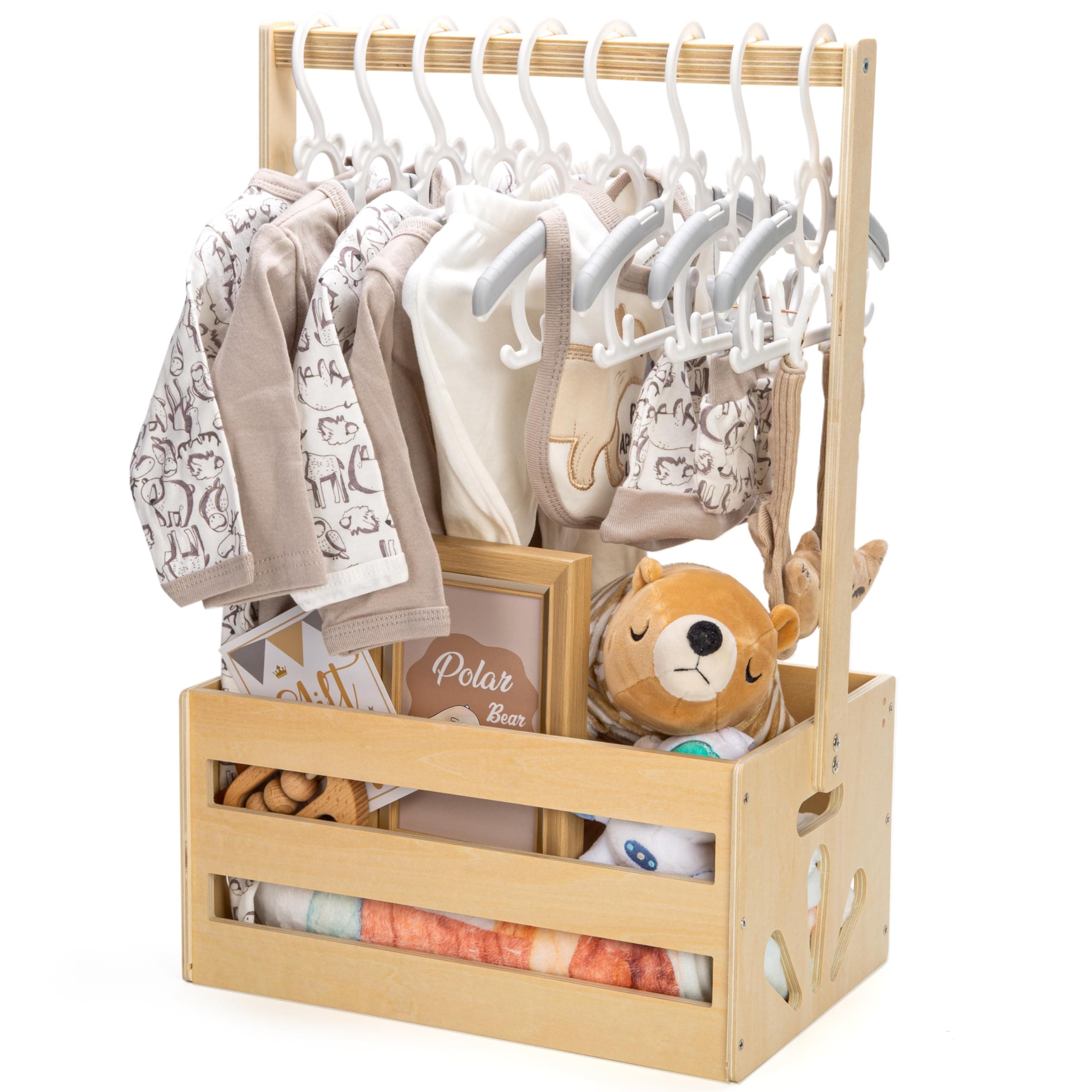 Wooden Baby Shower Crate Closet, Baby Storage Crate with Handle, Basket for Baby Shower Gifts, Welcome Gift Basket for Newborn Boys Girls, Pregnancy Gifts for New Parents