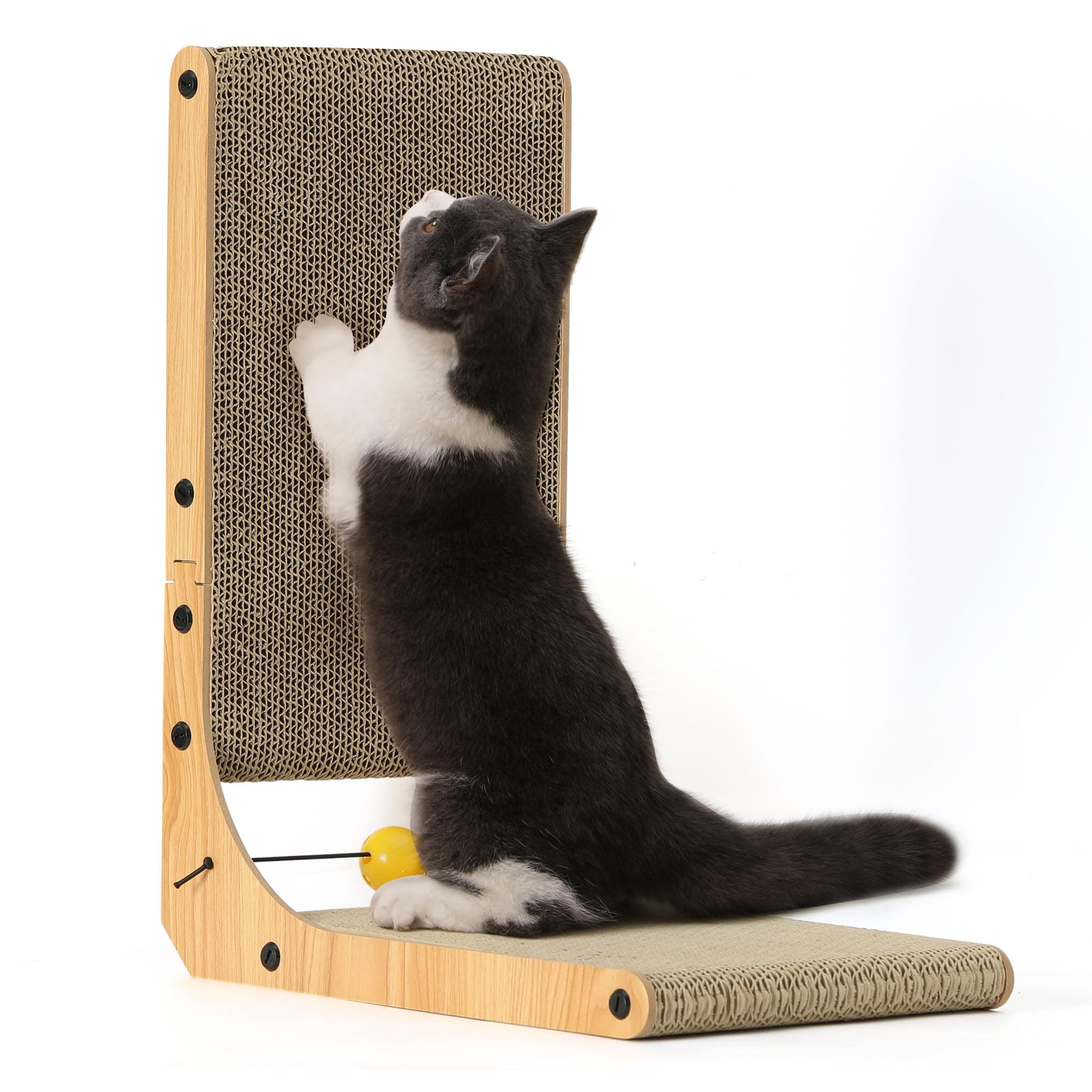 FUKUMARU L-Shaped Scratcher for Cats, Small Model, Cat Claw Sharpener, Nail Sharpener, Cardboard, with Toy, 15.2 x 9.4 x 18.9 inches (L 38.6 x W 24 x H 48 cm)