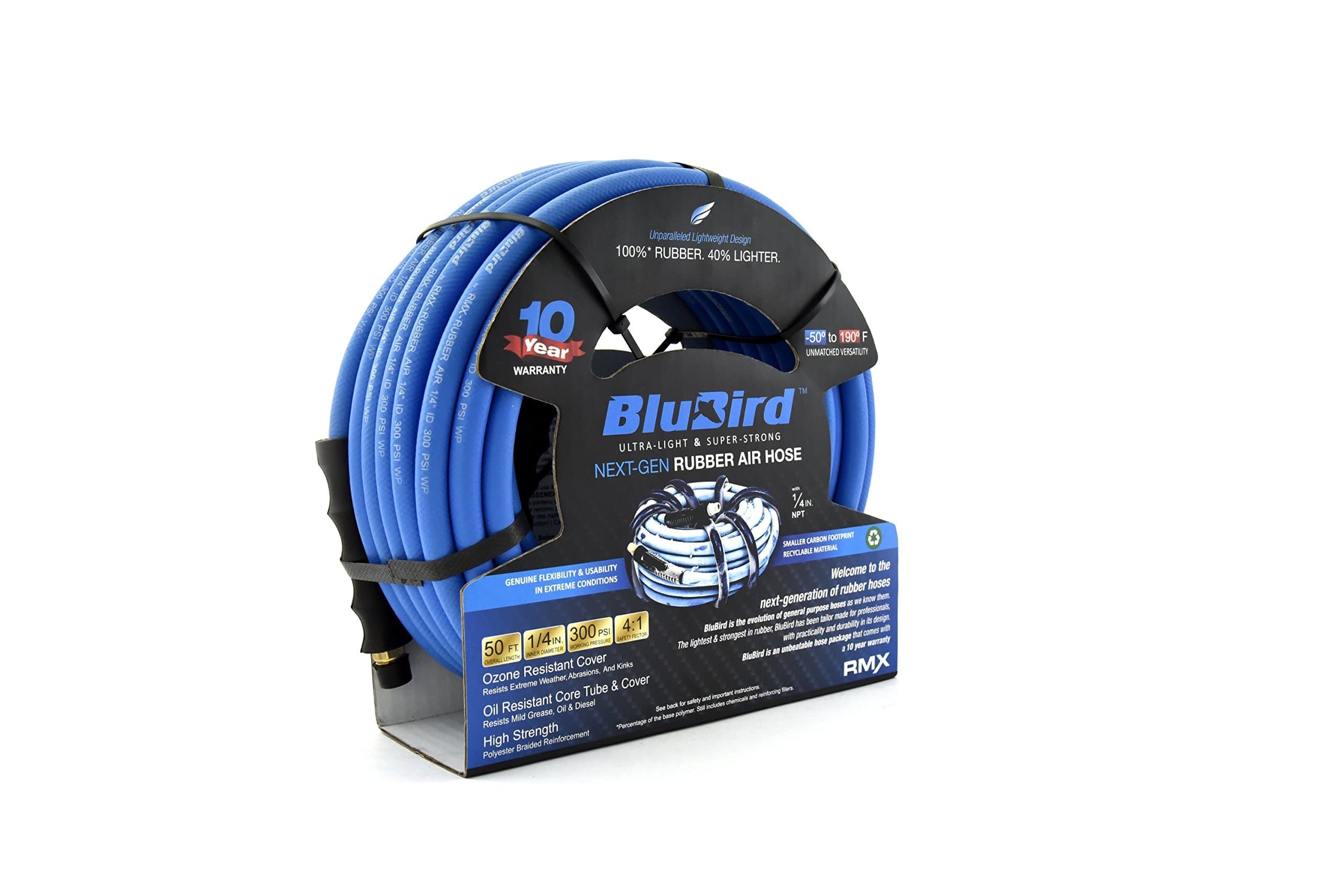 BLUBIRD BB1450 1/4" x 50' Rubber Air Hose, 100% Rubber, Lightest, Strongest, Most Flexible, 300 PSI, 50F to 190F Degrees, Ozone Resistant, High Strength Polyester Braided