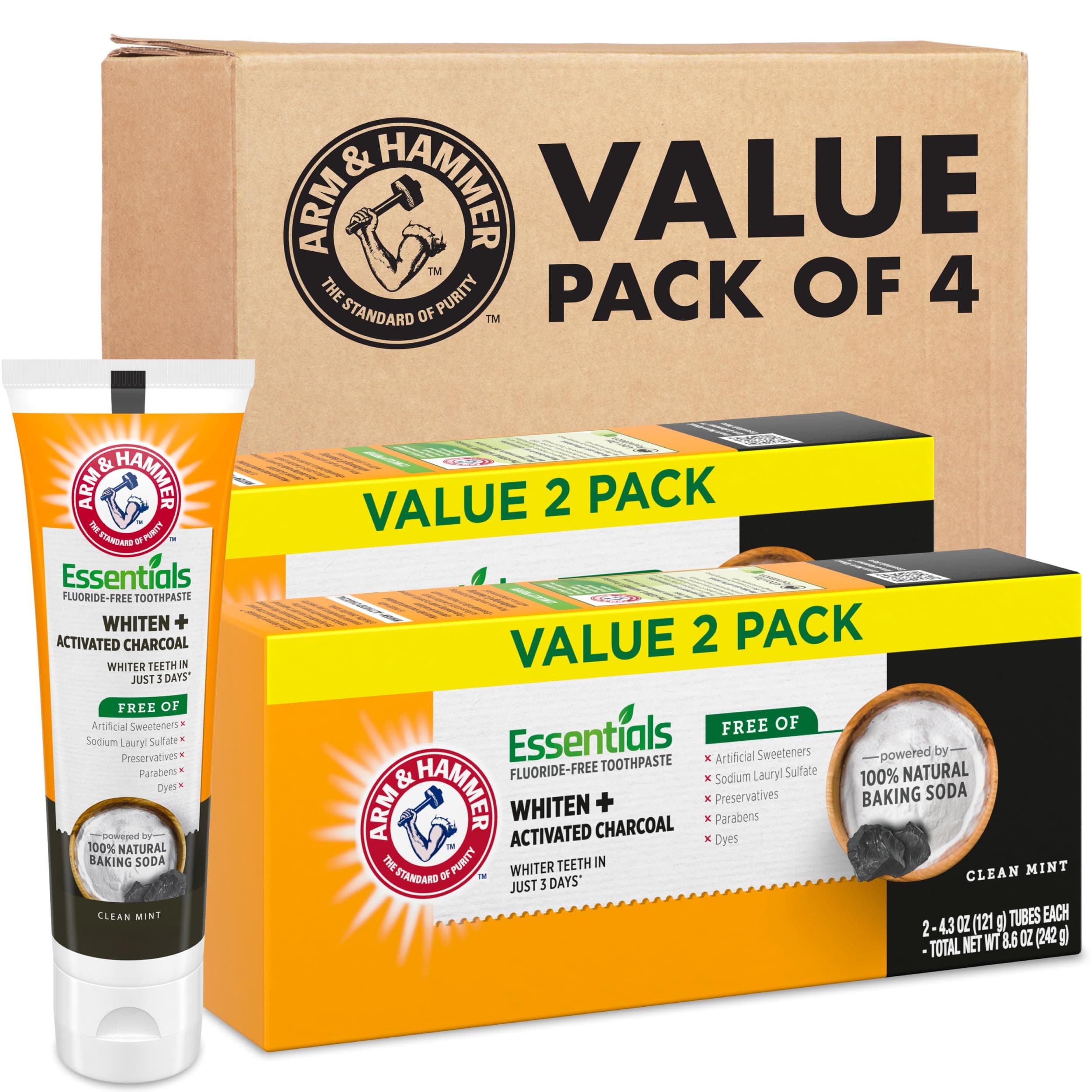 Essentials FluorideFree Toothpaste Whiten + Activated Charcoal4 Pack of 4.3oz Tubes Clean 100 Natural Baking Soda, Mint, 17.2 Ounce