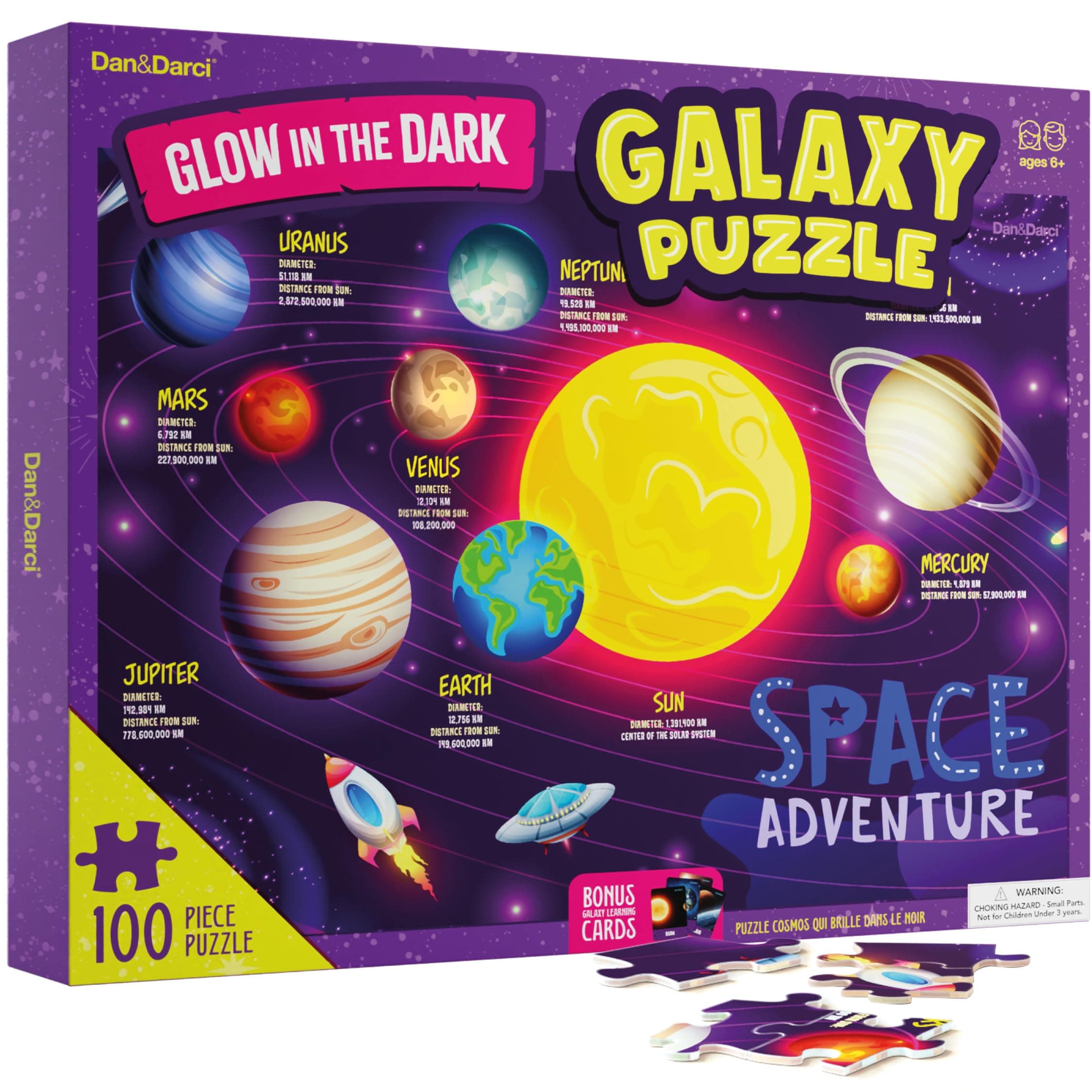 Dan&Darci Glow in The Dark 100 Piece Galaxy Puzzle for Kids - Space Jigsaw Puzzles Toys for Boys & Girls Ages 6-8 - Christmas Birthday Gifts for Age 6 7 8 Year Old Toddler Boy Girl Gift - Planet Toy
