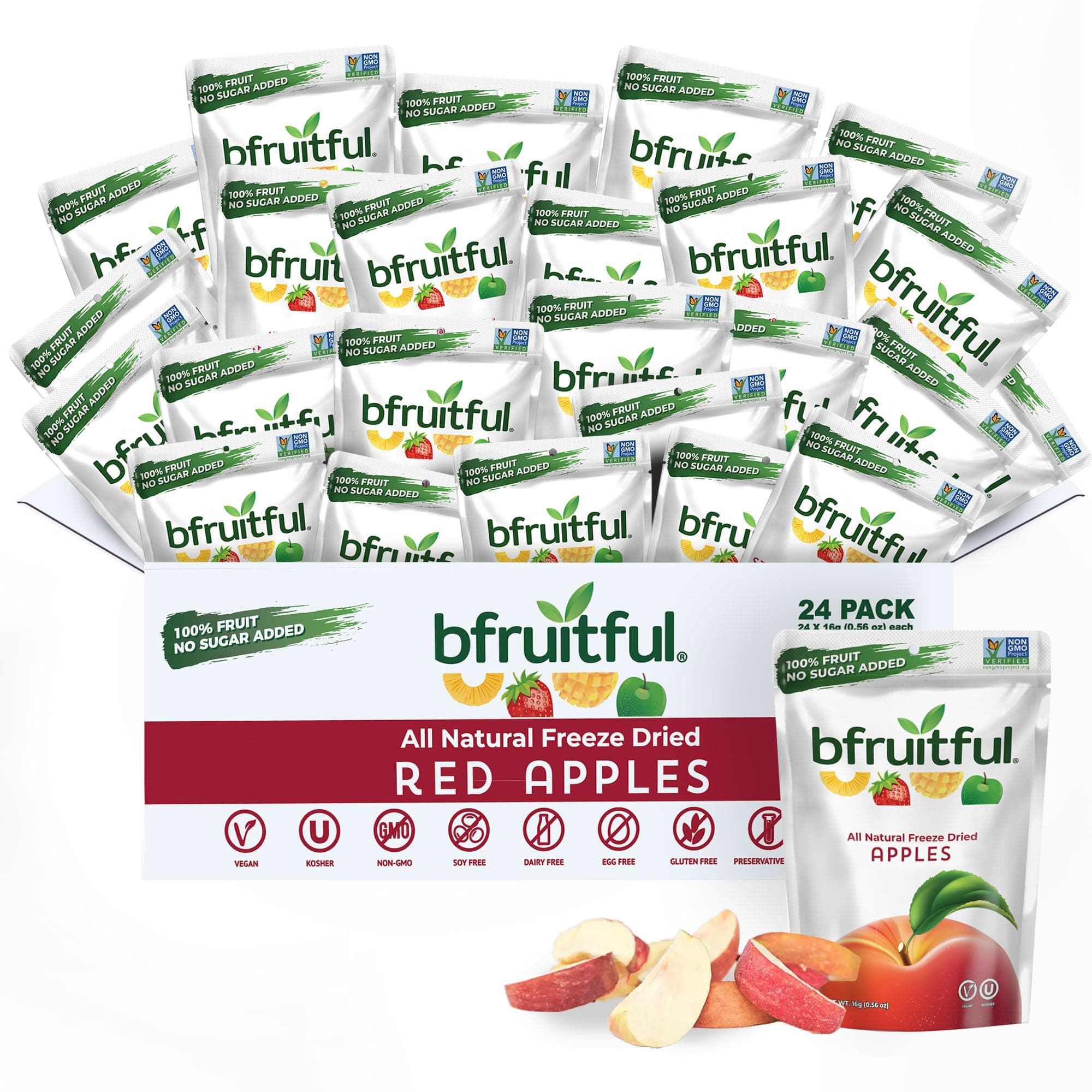 bfruitful Freeze-Dried Apple, Freeze Dried Fruit Snacks, Dried Apples with No Sugar Added, Vegan, Non GMO, Kosher, Wholesome Snack for Kids or Adults, 0.56 oz Single-Serve Snack Packets, 24 Pack