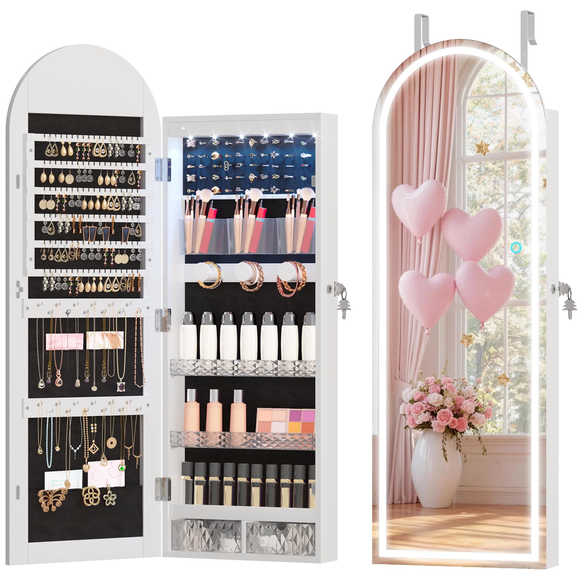 LVSOMT Wall Mounted Jewelry Organizer Lockable, 43"x16" Door Hanging Arched Mirror with Lights and Jewelry Storage, 6 LEDs Jewelry Cabinet (White)