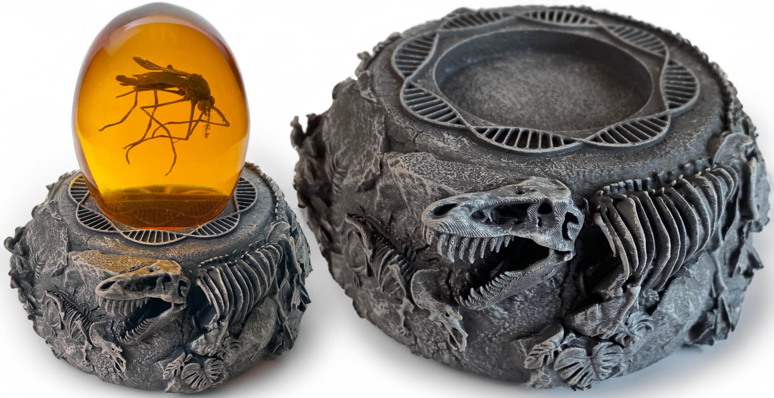 VEOJEIN Jurassic Base Decor | Themed Paperweight | Resin Stand for Dinosaur Collectibles | Detailed Skeletons, DNA Motif & More | Mosquito in Amber | Fossil Figurines Replica