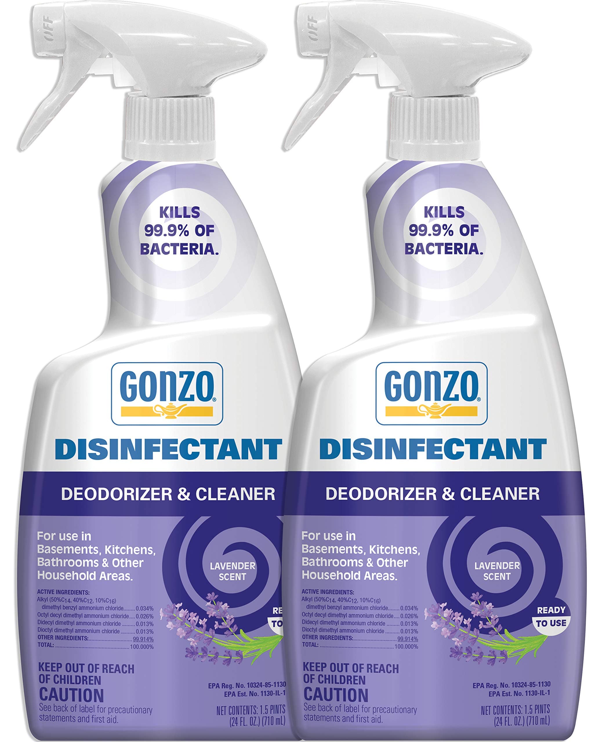 Gonzo Disinfectant Spray & All Purpose Cleaner - 24 Ounce (2 Pack) Lavender - Odor Eliminator, Disinfectant, Flood Fire Water Damage Restoration
