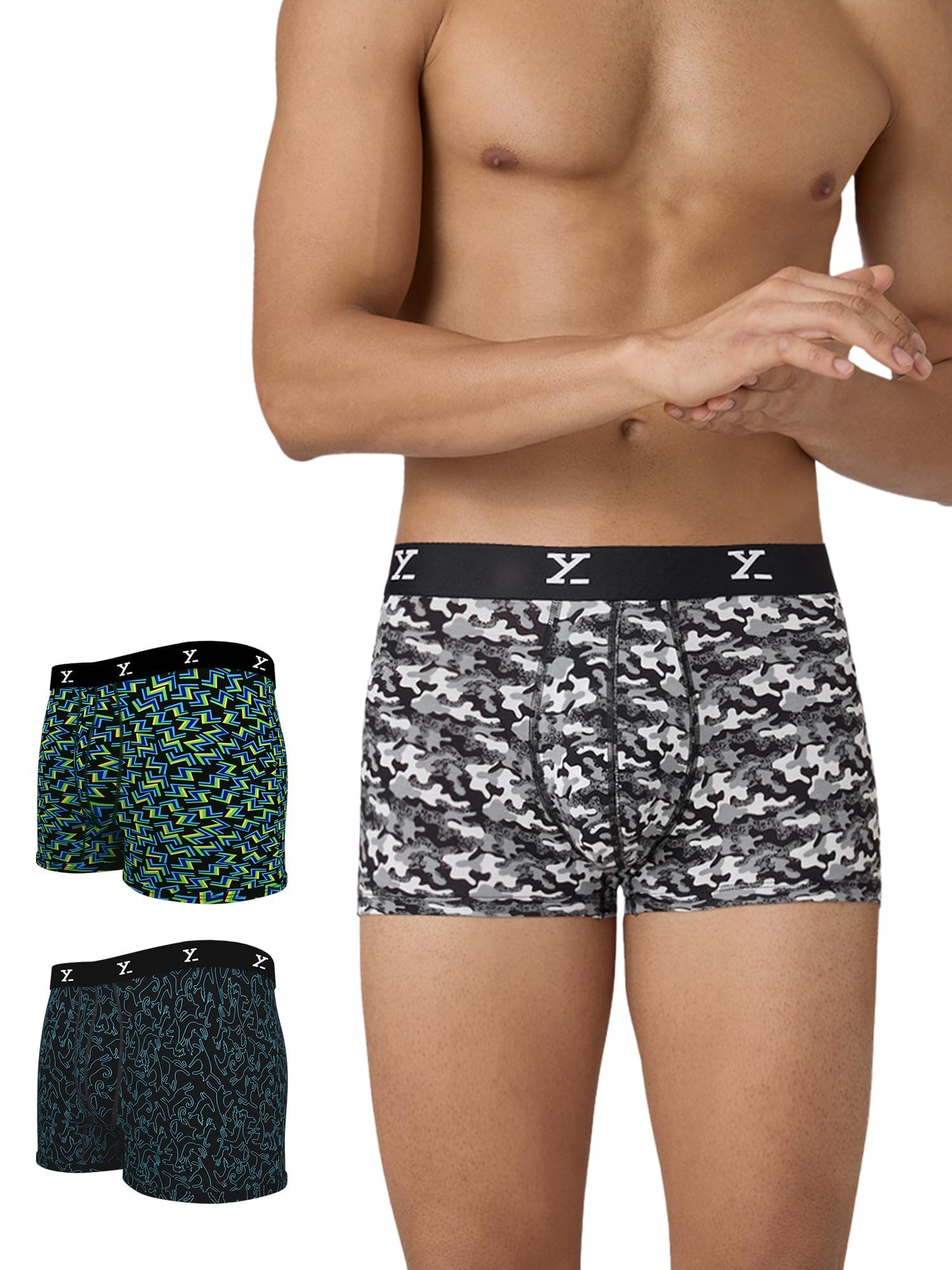Men's Modal Modern Stretch Trunks (Pack of 3) (XYTRNK_R5_03_Camo Blue & Orange+Lightning Bolt+Yoga Pet_L)
