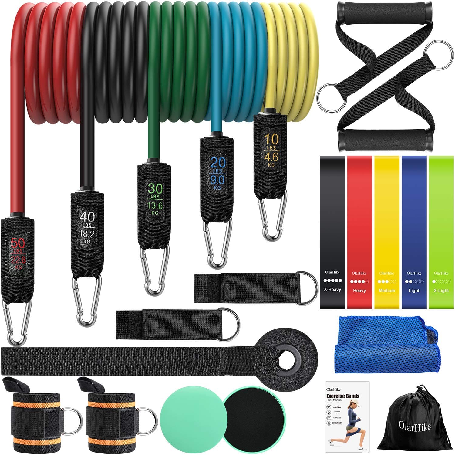 OlarHike Resistance Bands Set Exercise Bands with Handles for Working Out, Sports, Workout Bands with Loop Bands and Exercise Sliders, 23 pcs Resistance Band for Men and Women, 5 Color-Coding