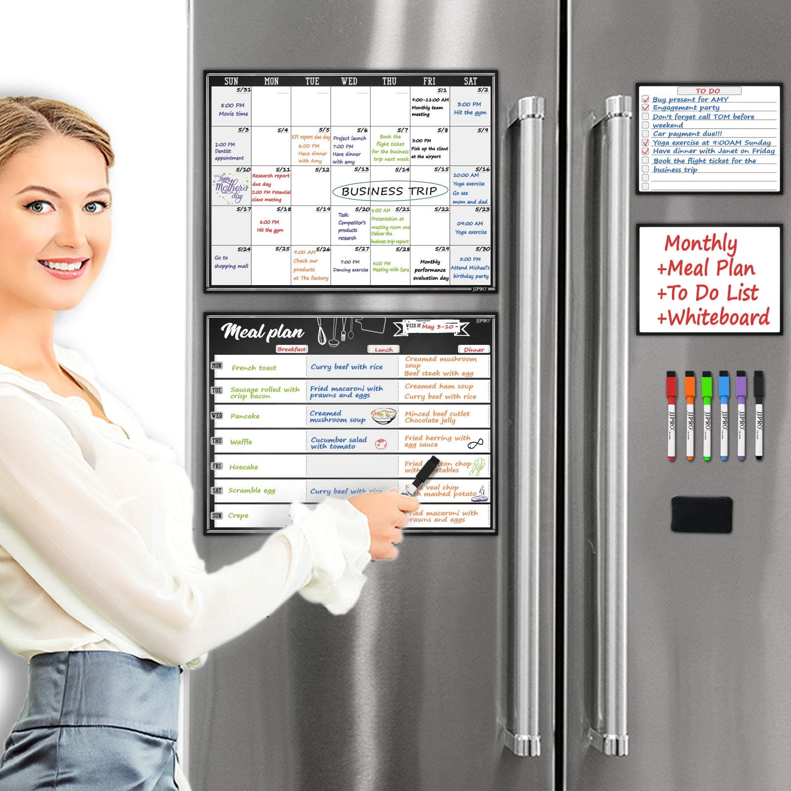 JJPRO Magnetic Dry Erase Meal Planning Whiteboard for Refrigerator-Undated Monthly Calendar for Fridge-Two Bonus Notepad whiteboards-Refrigerator Organizer with Monthly Planning Boards