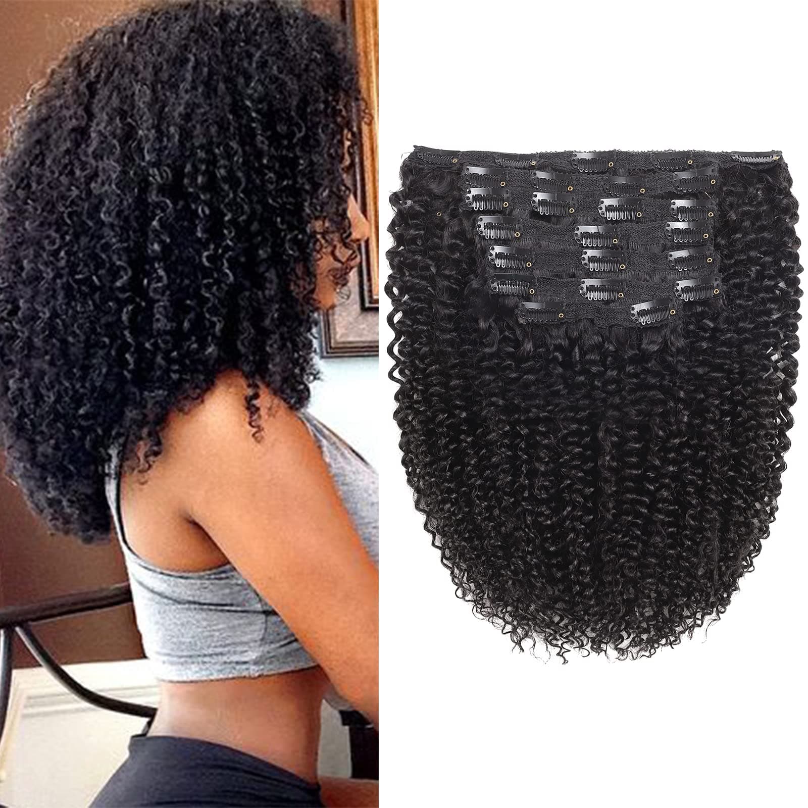 Kinky Curly Clip in Hair Extensions Afro 3C 4A Kinky Curly Hair Clip Ins for Women Thick Soft 8A Brazilian Remy Hair,18 Inch,Black Color,10/Pcs with 24 Clips,120 Gram