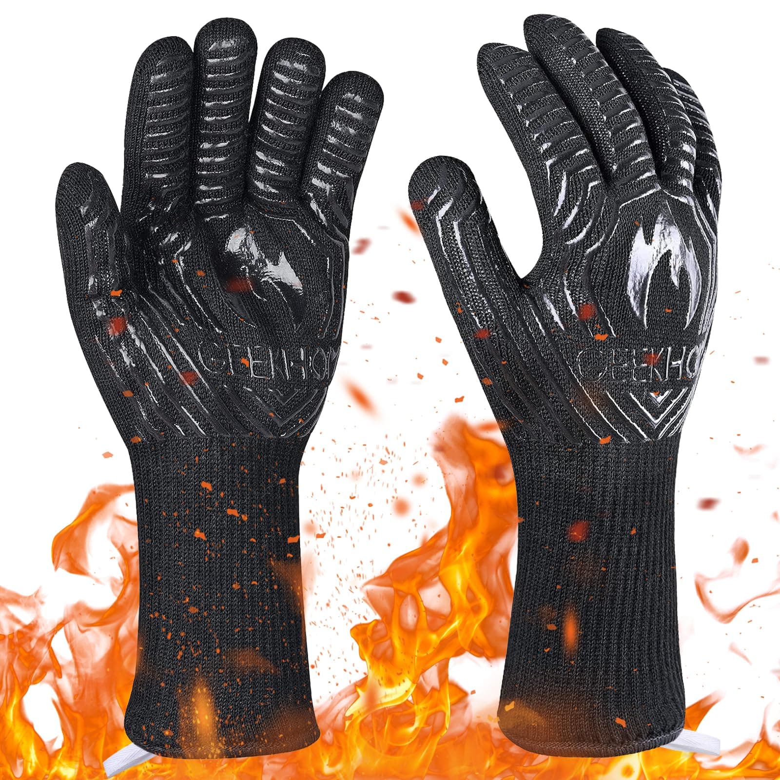GEEKHOM BBQ Gloves, 1472 ℉ Heat Resistant Silicone Gloves EN407 Certified 13 Inch Non-Slip Kitchen Safe Gloves Professional Weber Fireplace Barbecue Accessories for Cooking Grilling, Baking