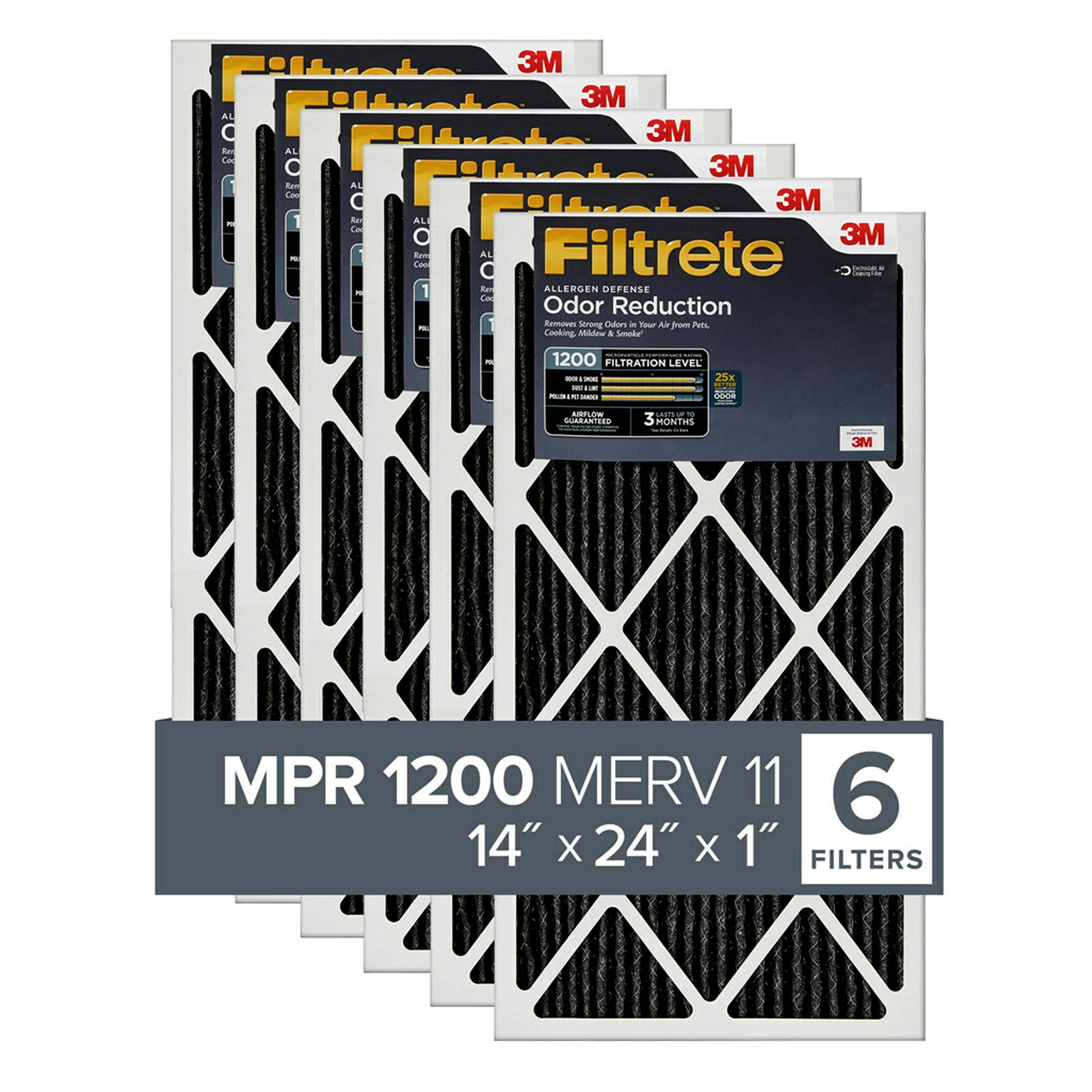 14x24x1 Air Filter, MPR 1200, MERV 11, Allergen Defense Odor Reduction 3-Month Pleated 1-Inch Air Filters, 6 Filters