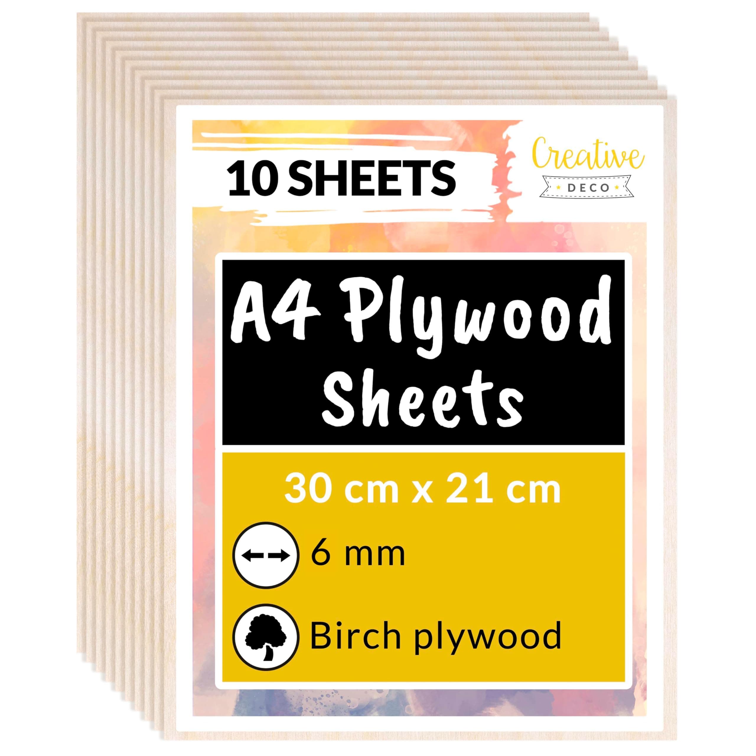 Creative Deco 10 x A4 Birch Plywood Sheets | 300 x 210 x 6mm (+/-2mm) Baltic Wood Ply | Perfect Laserable Board for Wood DIY Home Decor Arts Craft Painting Laser Cutting CNC Stenciling Pyrography