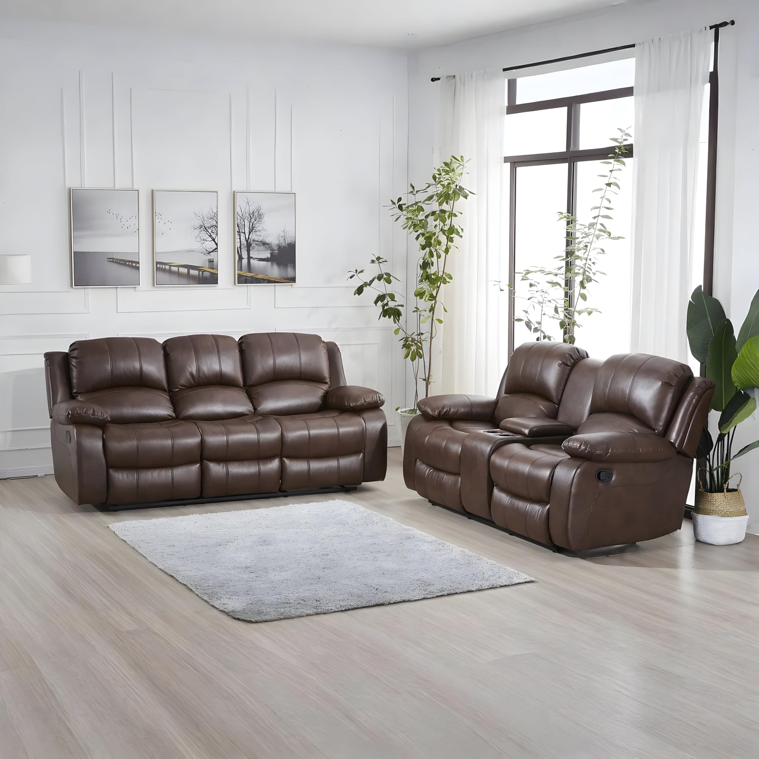 2PC Faux Leather Reclining Couch Set, Living Room Furniture Set, Sofa, Loveseat, 8018 Multiple Colors (Brown, Sofa+Loveseat)
