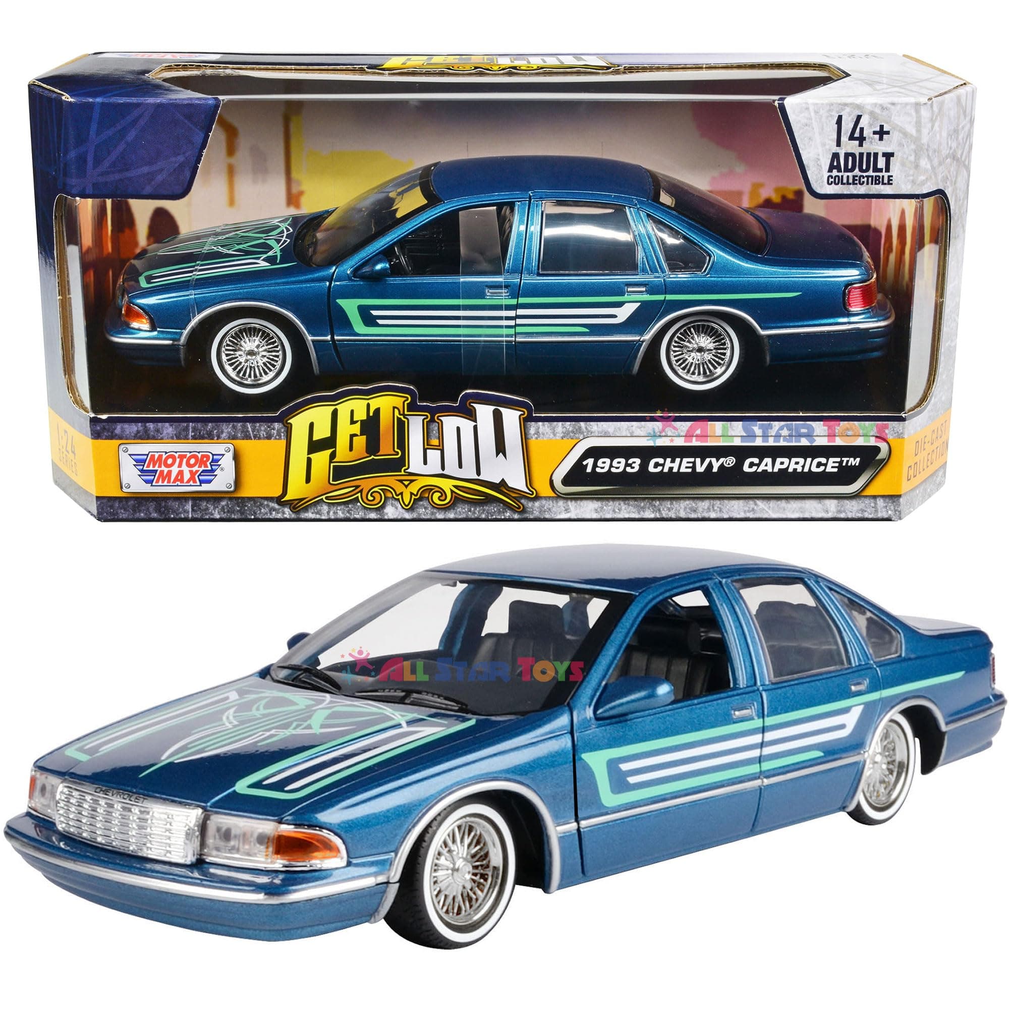 Motormax 1993 Chevrolet Chevy Caprice Lowrider 1:24 Diecast Model Blue w/Graphics Get Low 79022 by All Star Toys