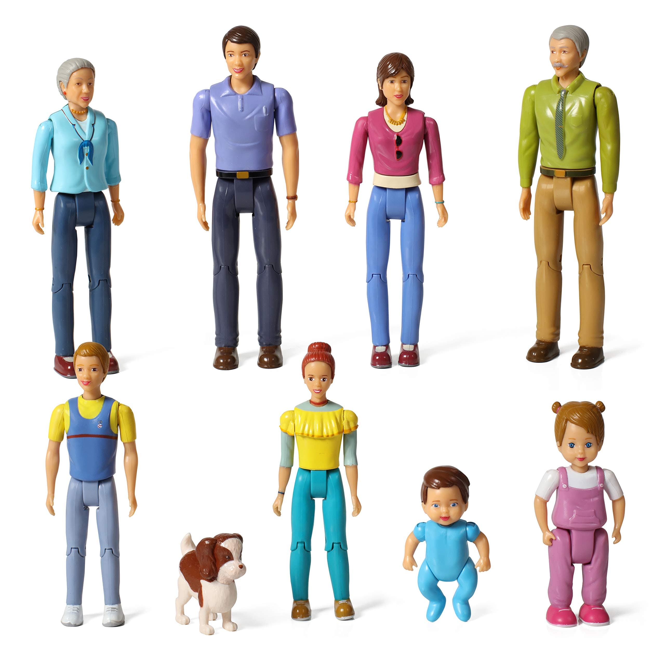 Doll Collection Sweet Lil Family Friends Figures - New Addition Set of 9 Dollhouse People - Grandma, Grandpa, Mom, Dad, Sister, Brother, Toddler, Baby and Dog
