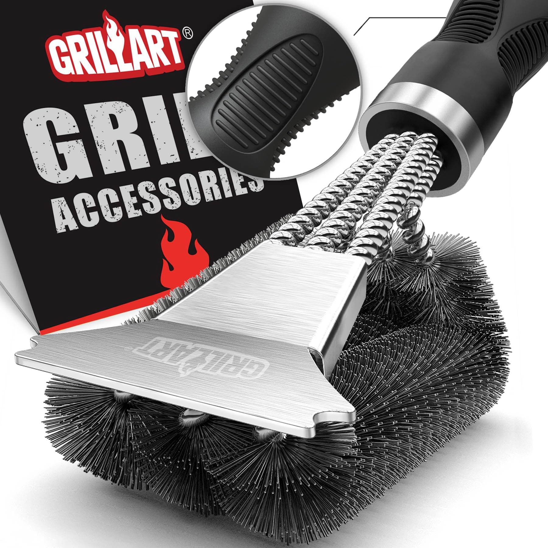 Grill Brush and Scraper - Extra Strong BBQ Cleaner Accessories - Safe Wire Bristles 18"Stainless Steel Barbecue Triple Scrubber Cleaning Brush for Weber Gas/Charcoal Grilling Grates, Best wizard tool