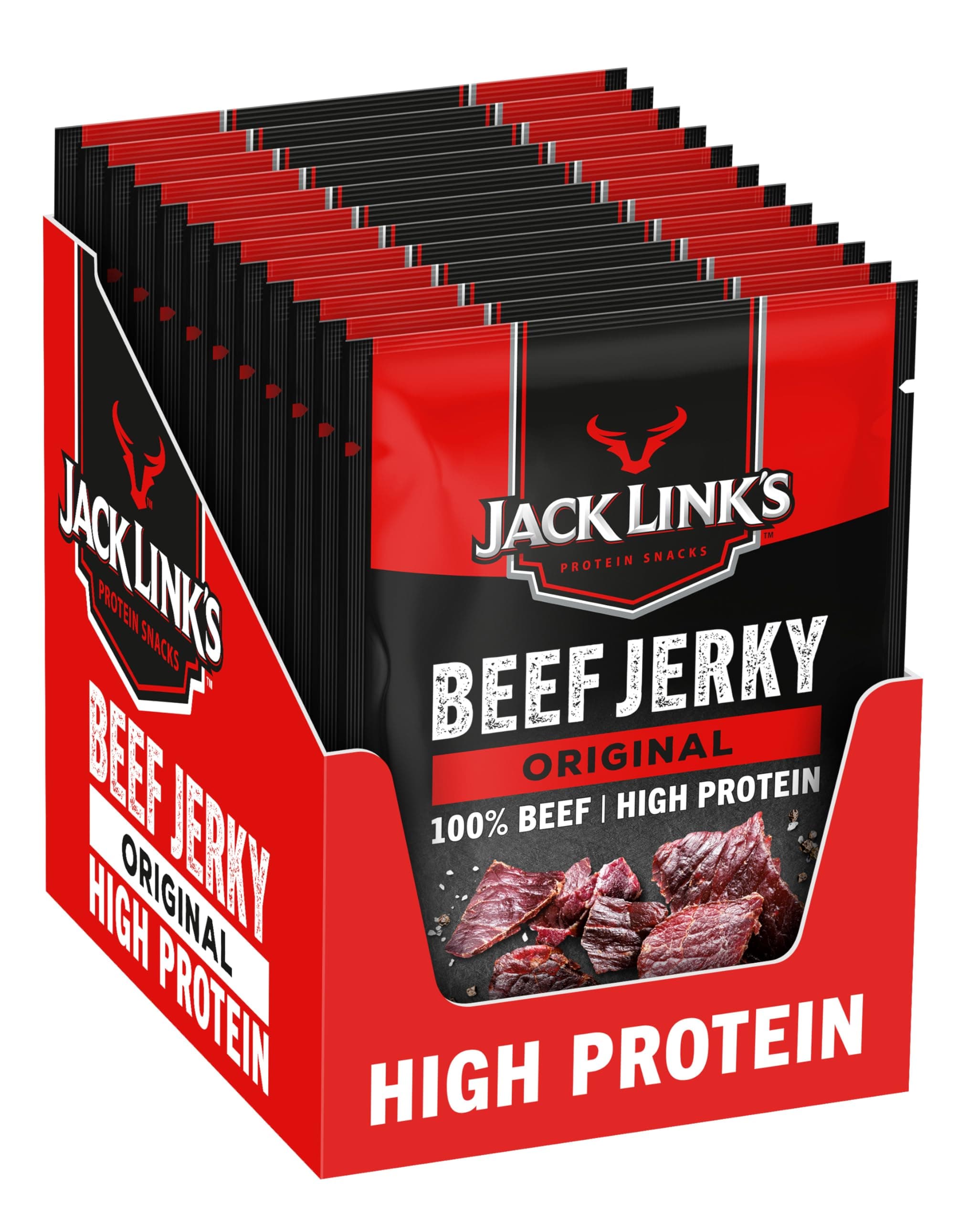 Jack Link's Beef Jerky Original – High Protein Meat Snack – Dried Halal Beef 25g (Pack of 12)