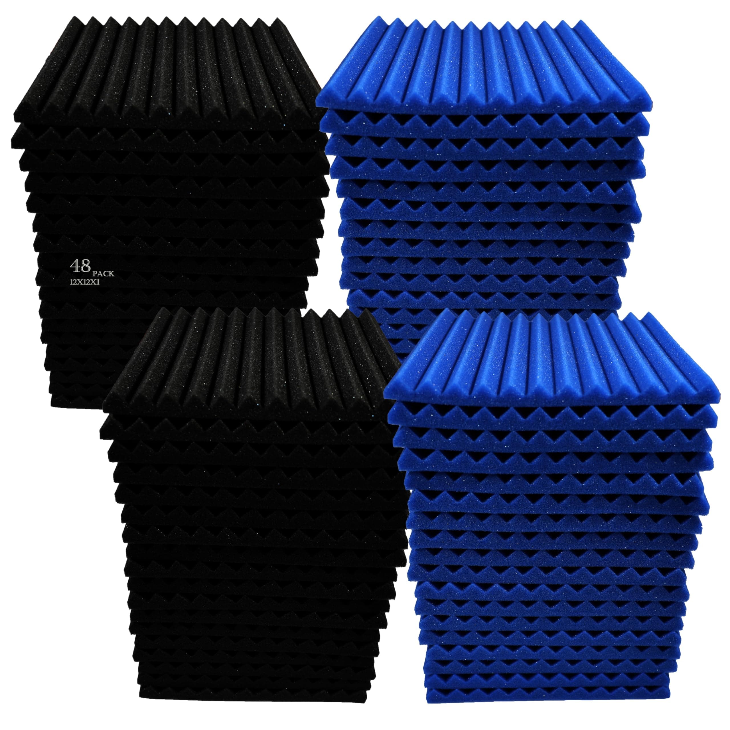 48 Pack 12 "X 12 "X1" Acoustic Panels Studio Soundproofing Foam Wedge Tiles, (24BLUE+24BLACK)
