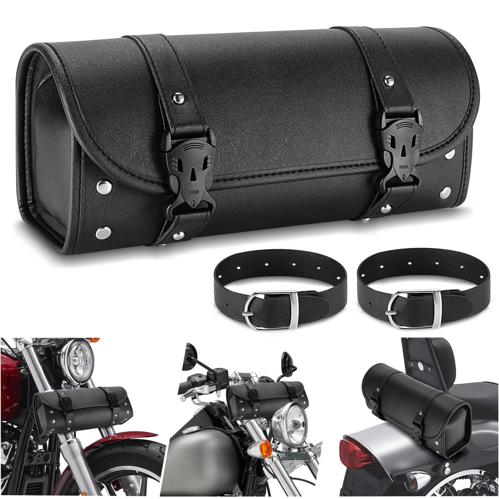 Motorcycle Tool Bag, Universal Motorcycle Fork Bag PU Leather Saddlebags Storage Roll Pouch for Handlebar, Front Fork, Tail Rack, Sissy Bar