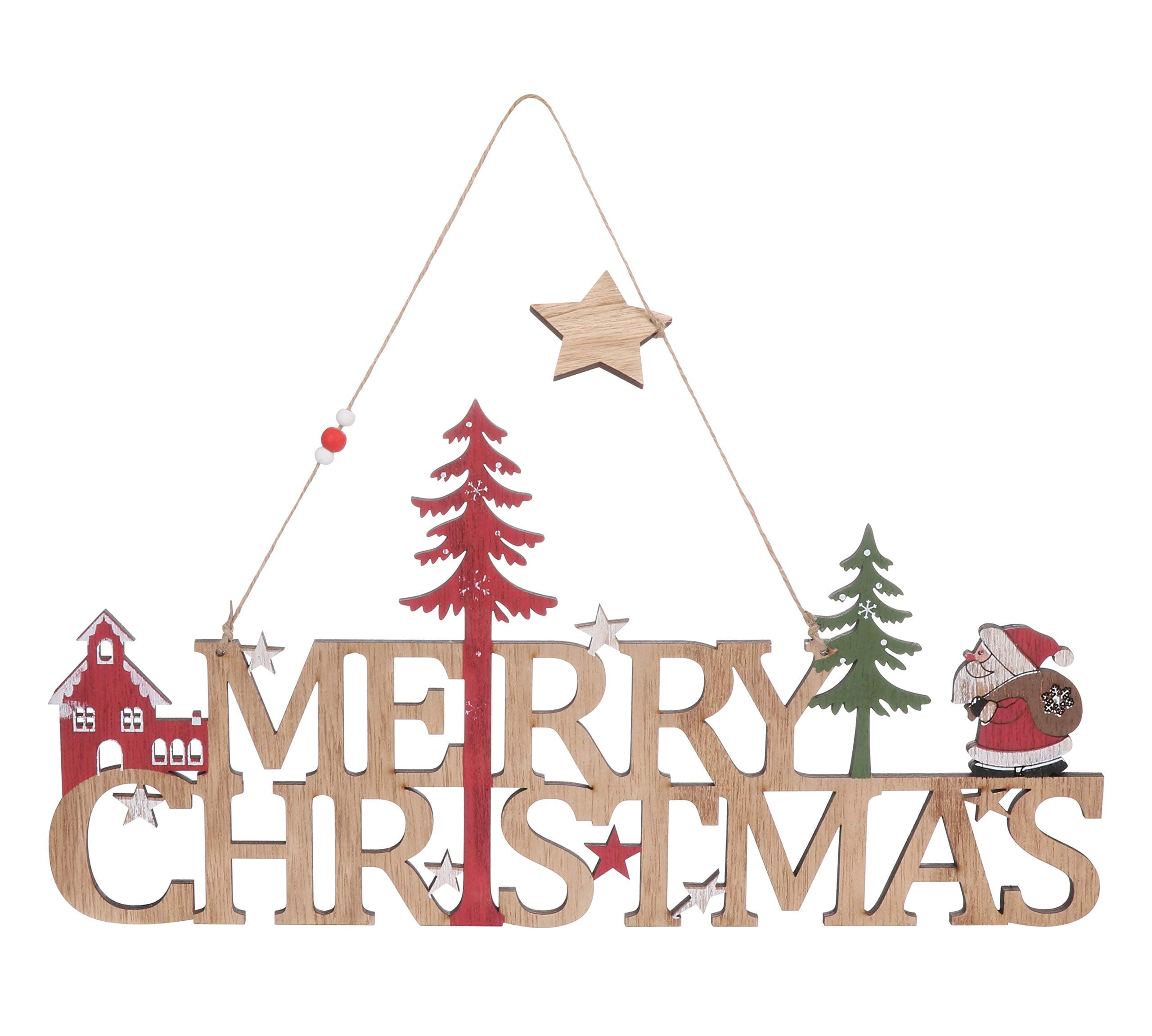 42cm Wooden Merry Christmas Sign With Santa and Christmas Trees