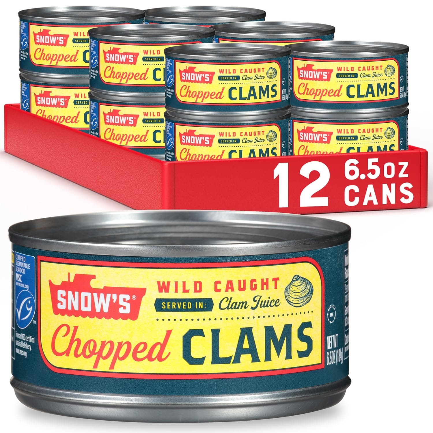 Wild Caught Chopped Clams Canned, 6.5 oz Can (Pack of 12) - 5g Protein Per Serving - Gluten Free, Keto Friendly, 99% Fat Free