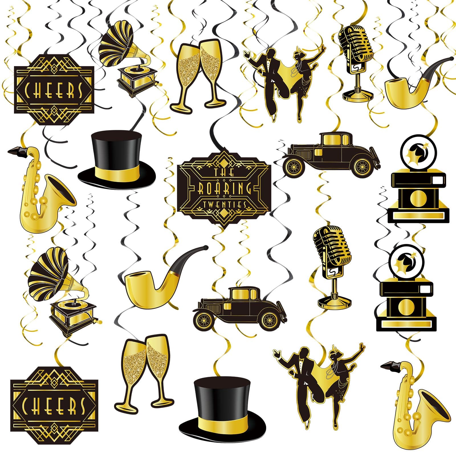 Containlol 30 Pieces Roaring 20s Swirls Party Decorations, Black Gold Hanging Spirals Streamer Retro Decor for Anniversary Birthday 1920s Vintage Jazz Flapper Wedding Party Supplies