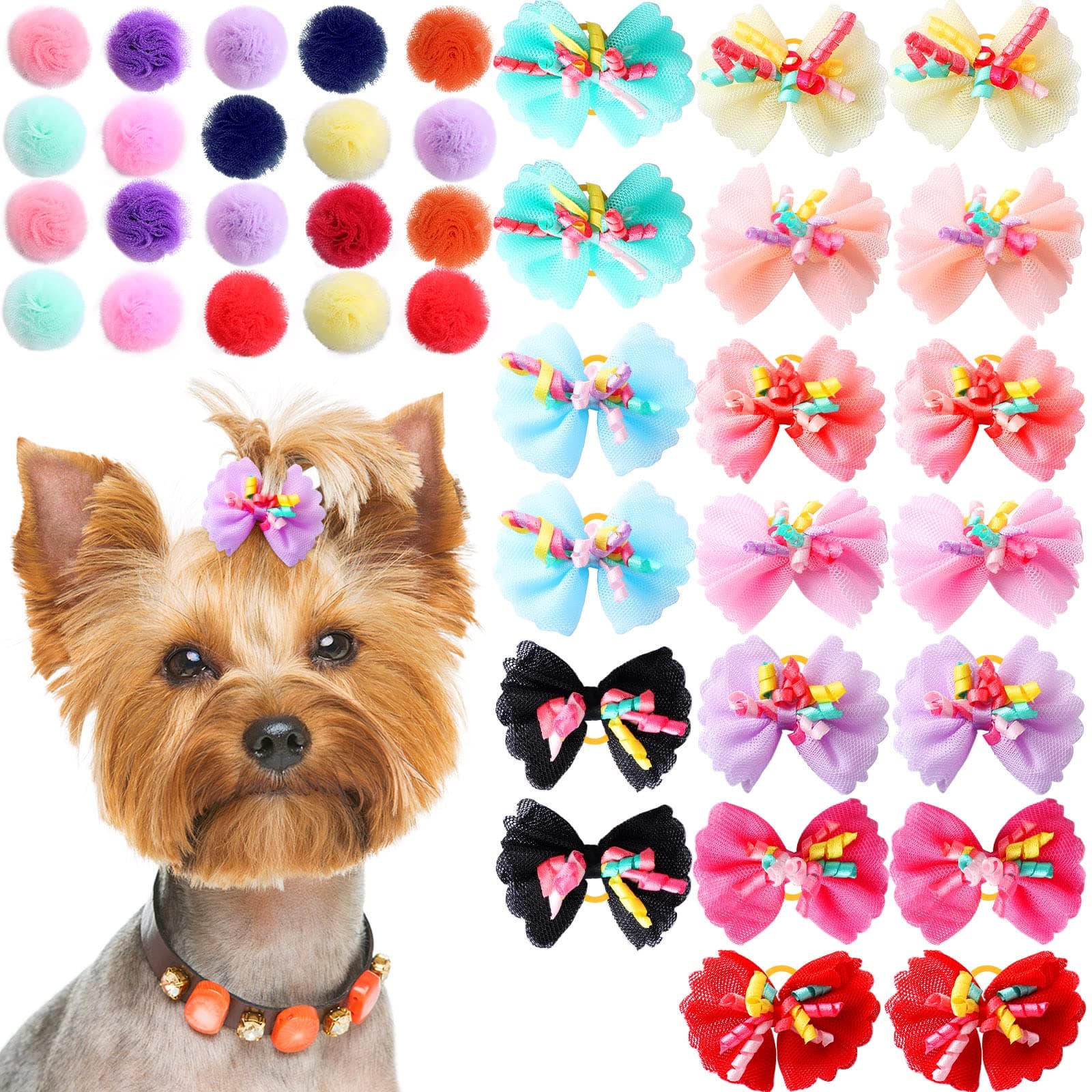 Waydress 40 Pieces Small Dog Bows Dog Hair Accessories with Rubber Bands Dog Topknot Bows Mixed Colors Pet Hair Accessories for Puppy Pet Dog